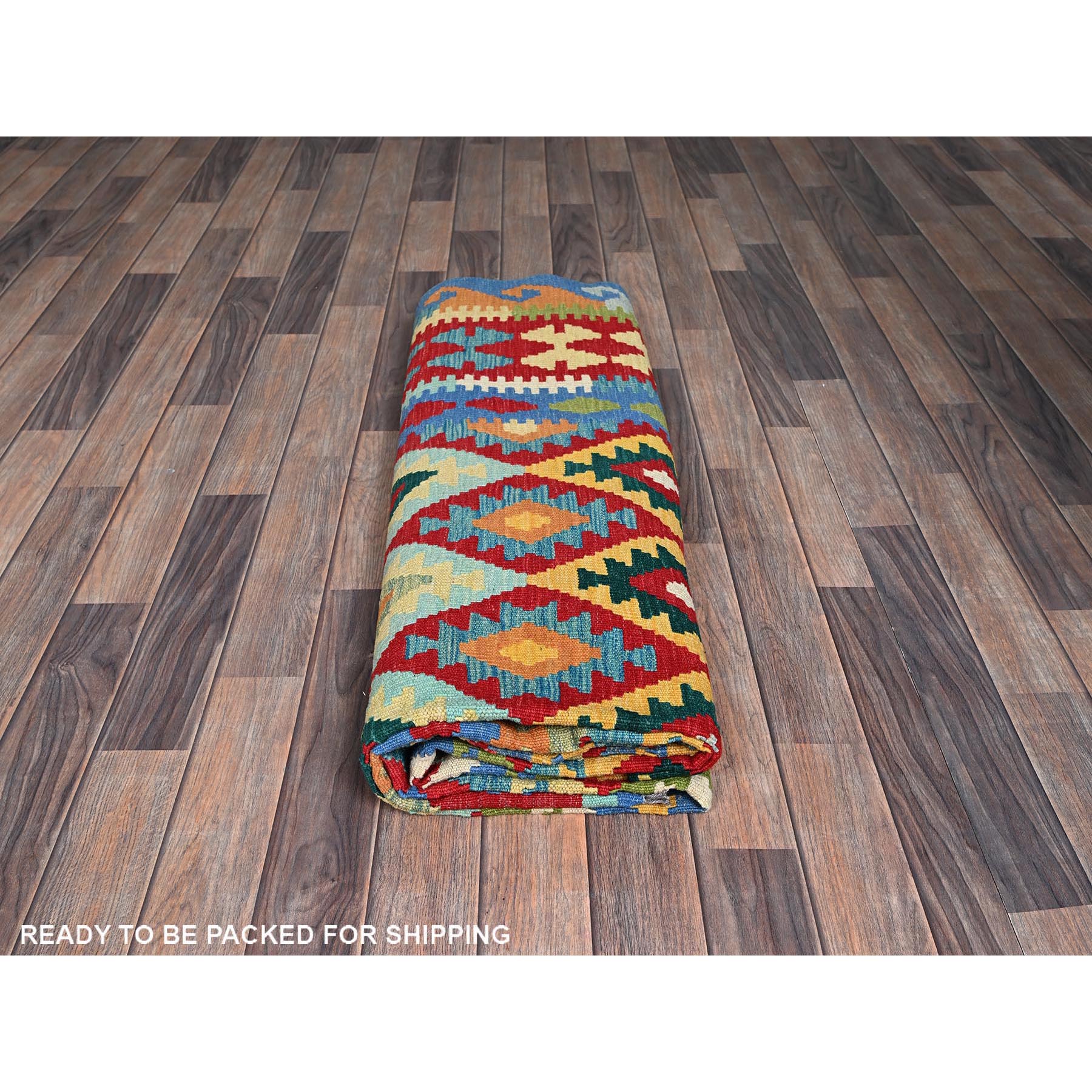 6'10"x9'8" Chili Red, Afghan Kilim with Colorful Geometric Pattern, Vegetable Dyes, Pure Wool, Hand Woven, Flat Weave, Reversible, Oriental Rug Sh1240