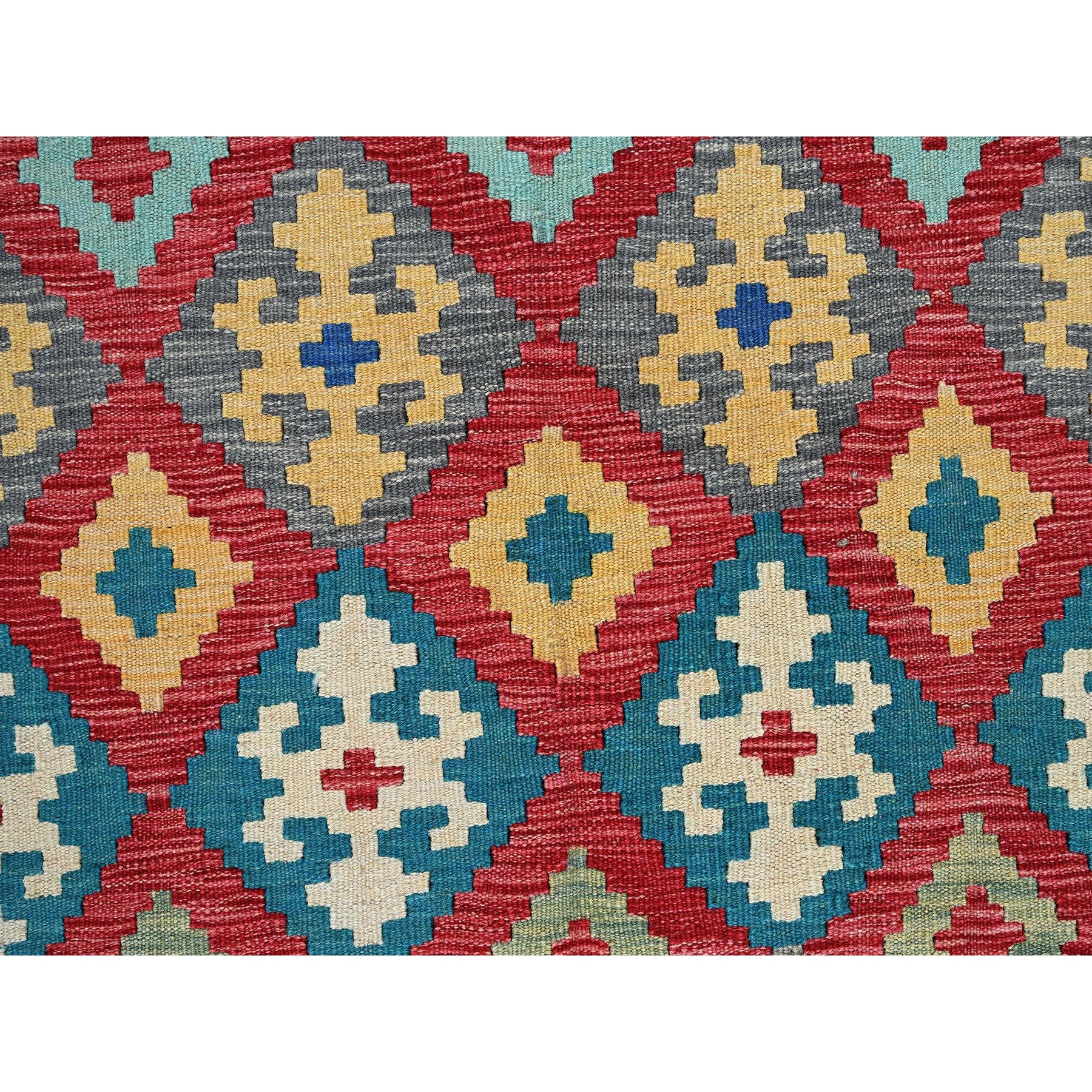 7'x9'10" Lychee Red, Hand Woven, Afghan Kilim with Colorful Geometric Pattern, Vegetable Dyes, Pure Wool, Flat Weave, Reversible, Oriental Rug Sh1241