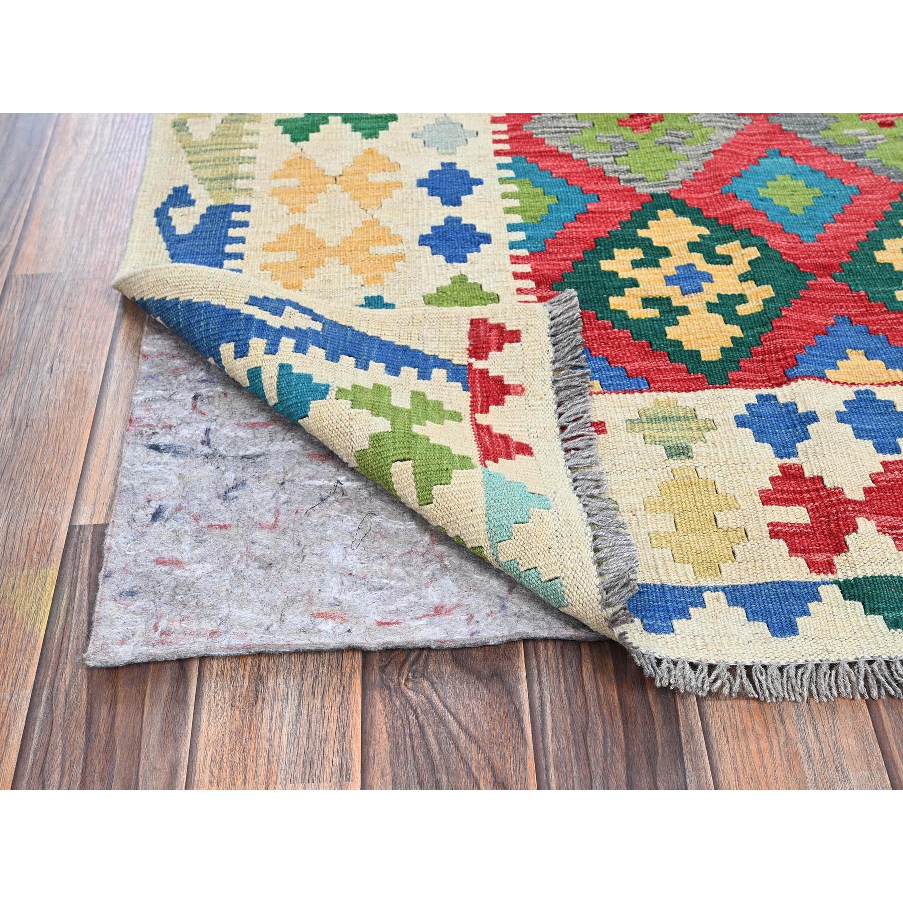 7'x9'10" Lychee Red, Hand Woven, Afghan Kilim with Colorful Geometric Pattern, Vegetable Dyes, Pure Wool, Flat Weave, Reversible, Oriental Rug Sh1241