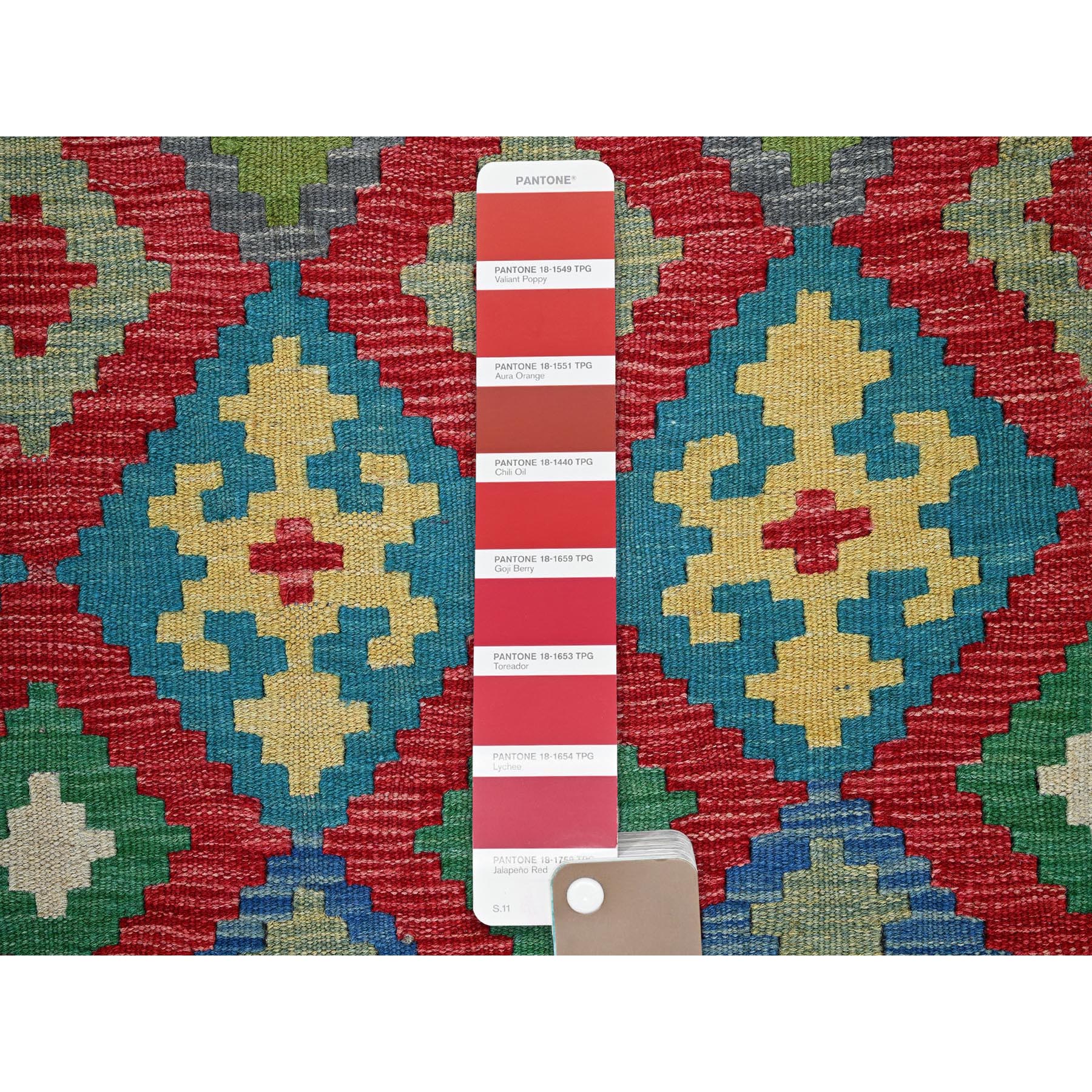 7'x9'10" Lychee Red, Hand Woven, Afghan Kilim with Colorful Geometric Pattern, Vegetable Dyes, Pure Wool, Flat Weave, Reversible, Oriental Rug Sh1241