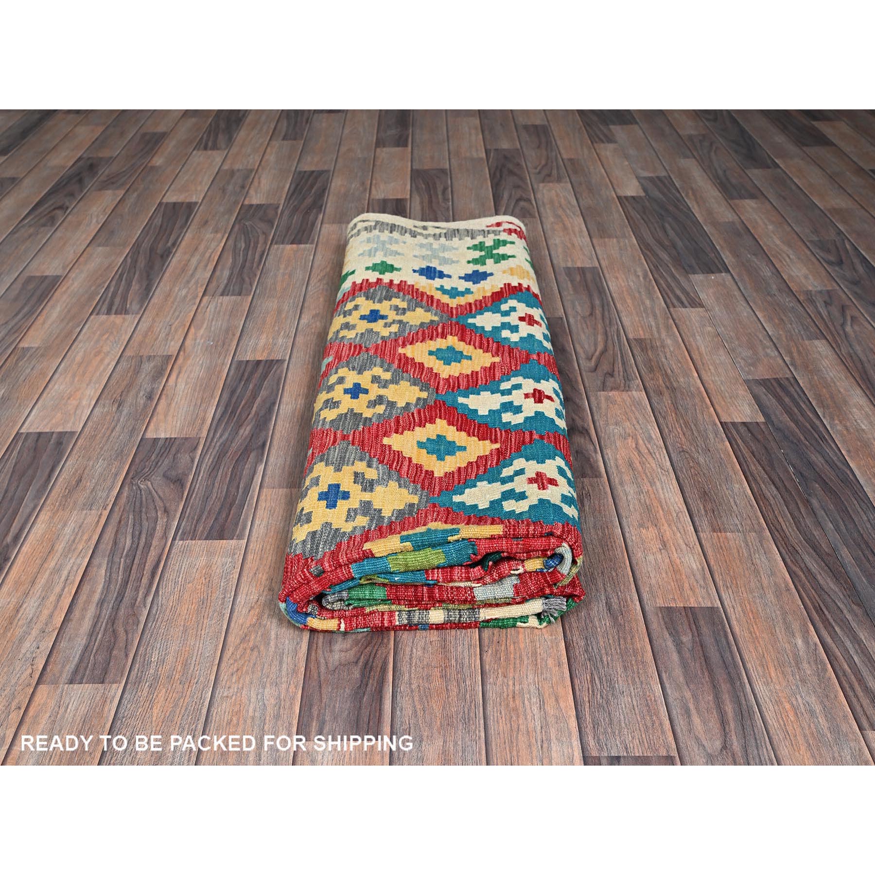 7'x9'10" Lychee Red, Hand Woven, Afghan Kilim with Colorful Geometric Pattern, Vegetable Dyes, Pure Wool, Flat Weave, Reversible, Oriental Rug Sh1241