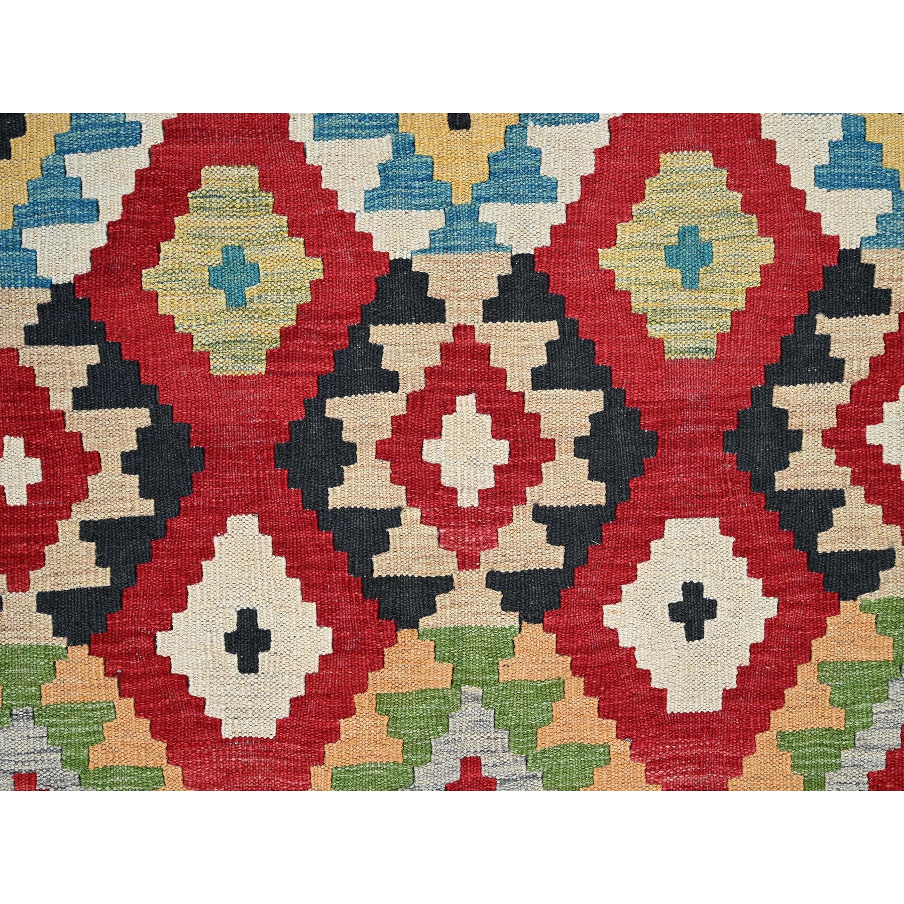 6'7"x9'8" Imperial Red, Afghan Kilim with Colorful Geometric Pattern, Vegetable Dyes, Pure Wool, Hand Woven, Flat Weave, Reversible, Oriental Rug Sh1242