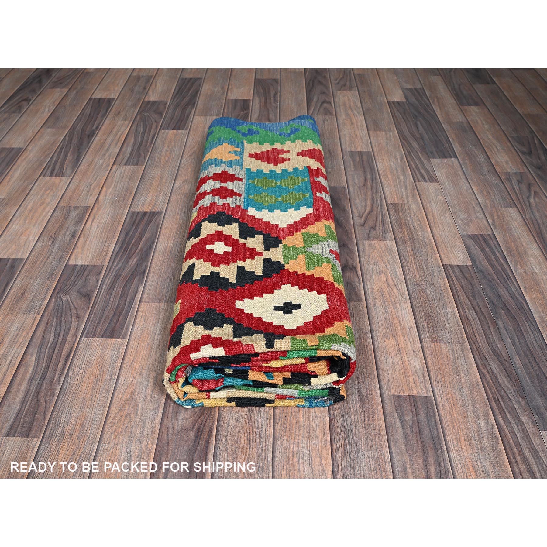 6'7"x9'8" Imperial Red, Afghan Kilim with Colorful Geometric Pattern, Vegetable Dyes, Pure Wool, Hand Woven, Flat Weave, Reversible, Oriental Rug Sh1242