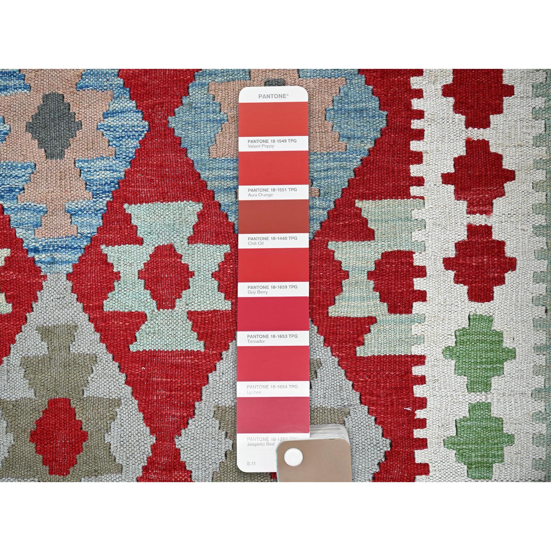 8'10"x11'8" Crimson Red, Afghan Kilim with Colorful Geometric Pattern, Vegetable Dyes, Pure Wool, Hand Woven, Flat Weave, Reversible, Oriental Rug Sh1244