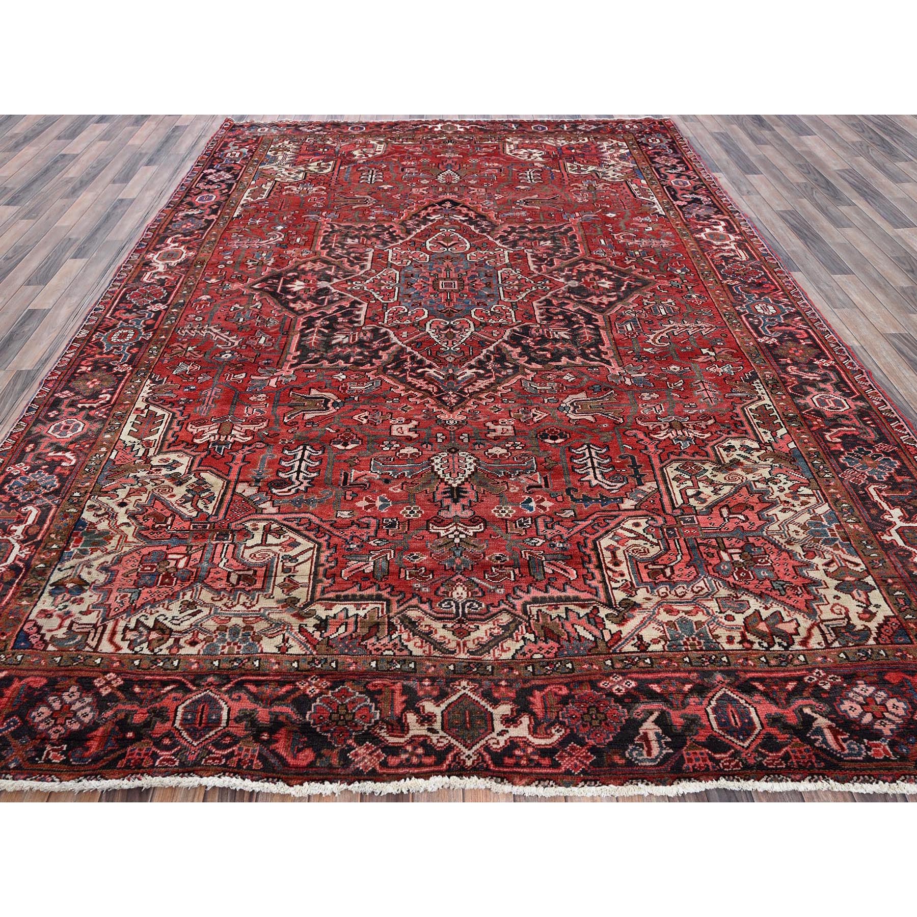 8'10"x11'10" Blush Red, Vintage Persian Heriz with Flower Medallion Design, 100% Wool, Hand Knotted, Even Wear, Sheared Low, Good Condition, Sides and Ends Professionally Secured, Oriental Rug Sh1248