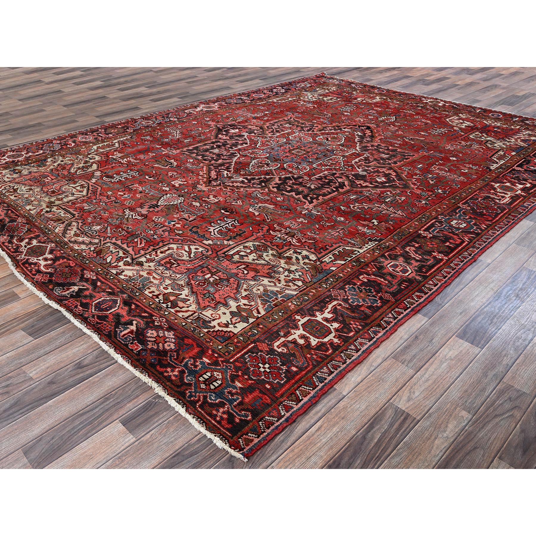 8'10"x11'10" Blush Red, Vintage Persian Heriz with Flower Medallion Design, 100% Wool, Hand Knotted, Even Wear, Sheared Low, Good Condition, Sides and Ends Professionally Secured, Oriental Rug Sh1248