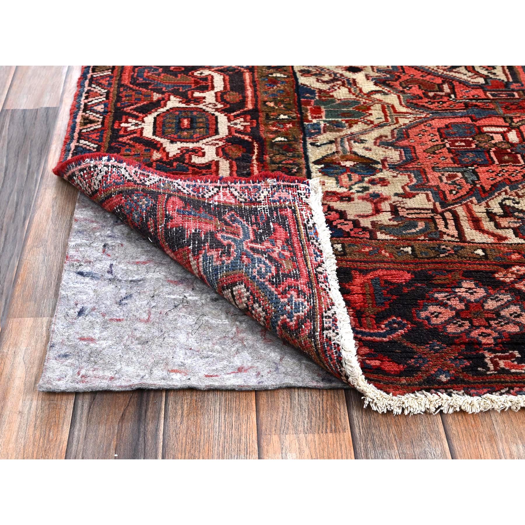 8'10"x11'10" Blush Red, Vintage Persian Heriz with Flower Medallion Design, 100% Wool, Hand Knotted, Even Wear, Sheared Low, Good Condition, Sides and Ends Professionally Secured, Oriental Rug Sh1248