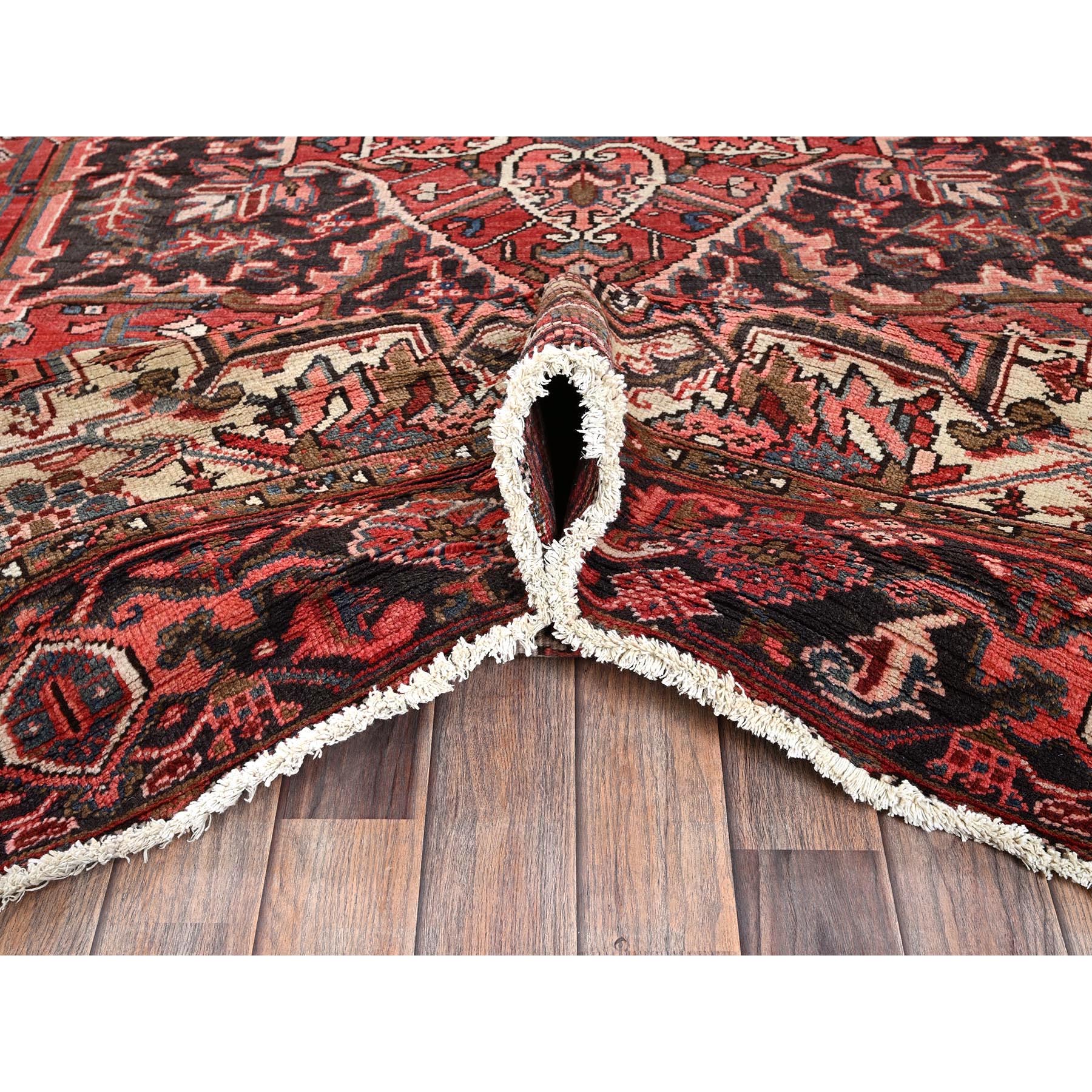 8'10"x11'10" Blush Red, Vintage Persian Heriz with Flower Medallion Design, 100% Wool, Hand Knotted, Even Wear, Sheared Low, Good Condition, Sides and Ends Professionally Secured, Oriental Rug Sh1248