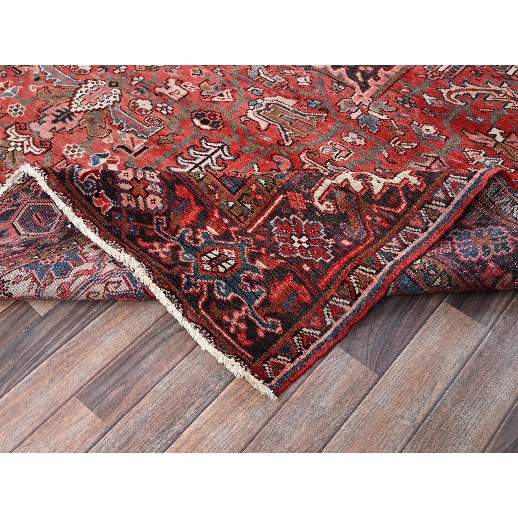 8'10"x11'10" Blush Red, Vintage Persian Heriz with Flower Medallion Design, 100% Wool, Hand Knotted, Even Wear, Sheared Low, Good Condition, Sides and Ends Professionally Secured, Oriental Rug Sh1248