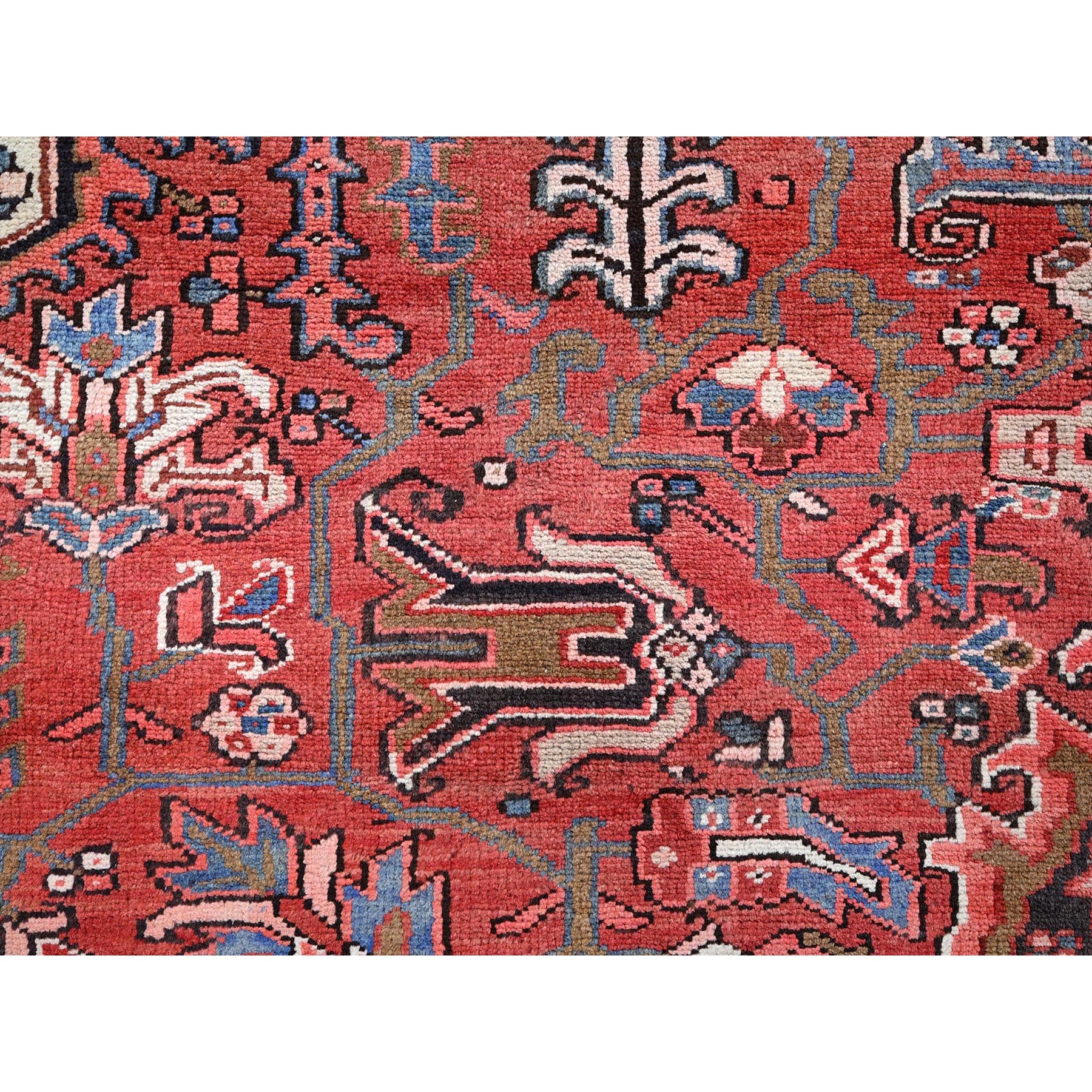 8'10"x11'10" Blush Red, Vintage Persian Heriz with Flower Medallion Design, 100% Wool, Hand Knotted, Even Wear, Sheared Low, Good Condition, Sides and Ends Professionally Secured, Oriental Rug Sh1248