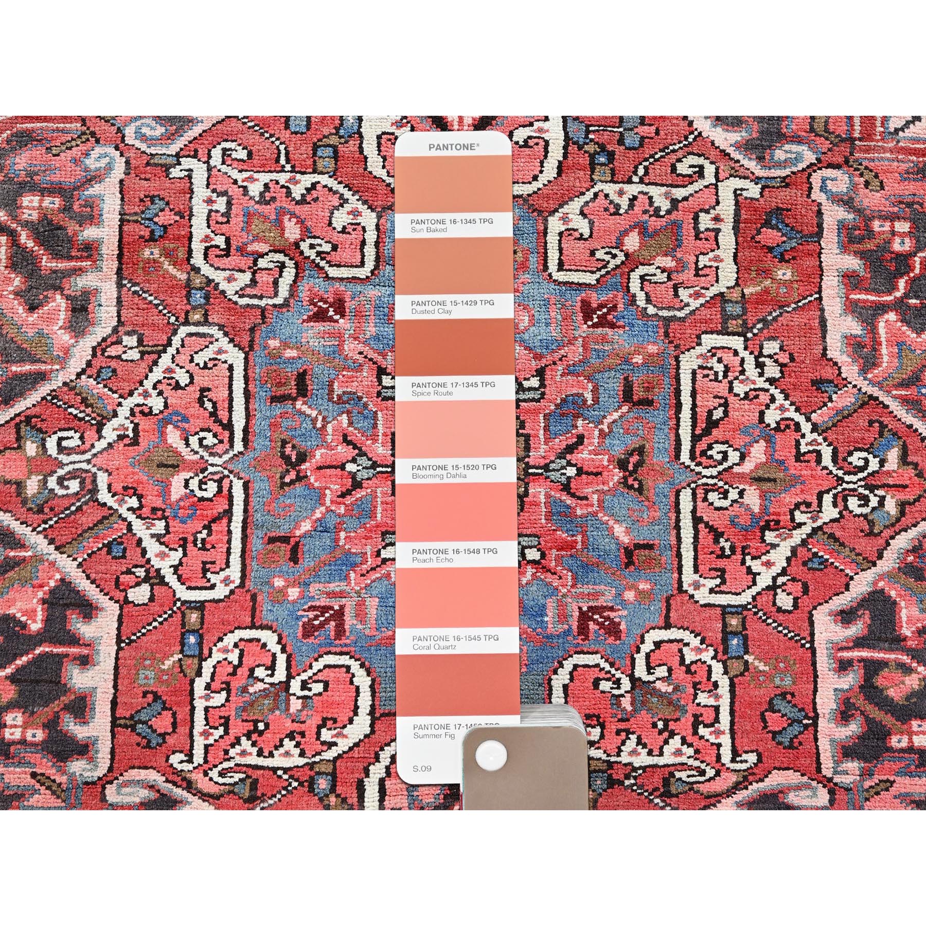 8'10"x11'10" Blush Red, Vintage Persian Heriz with Flower Medallion Design, 100% Wool, Hand Knotted, Even Wear, Sheared Low, Good Condition, Sides and Ends Professionally Secured, Oriental Rug Sh1248