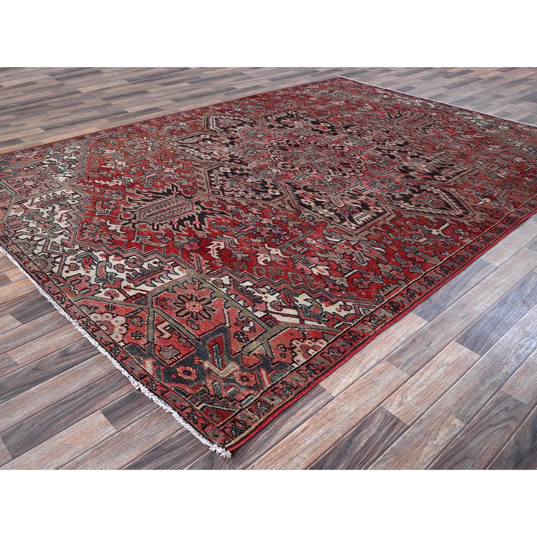 7'6"x10'7" Auburn Red, Vintage Persian Heriz with Flower Medallion Design, Worn and Distressed, 100% Wool, Hand Knotted, Cropped Thin, Good Condition, Sides and Ends Professionally Secured, Oriental Rug Sh1249