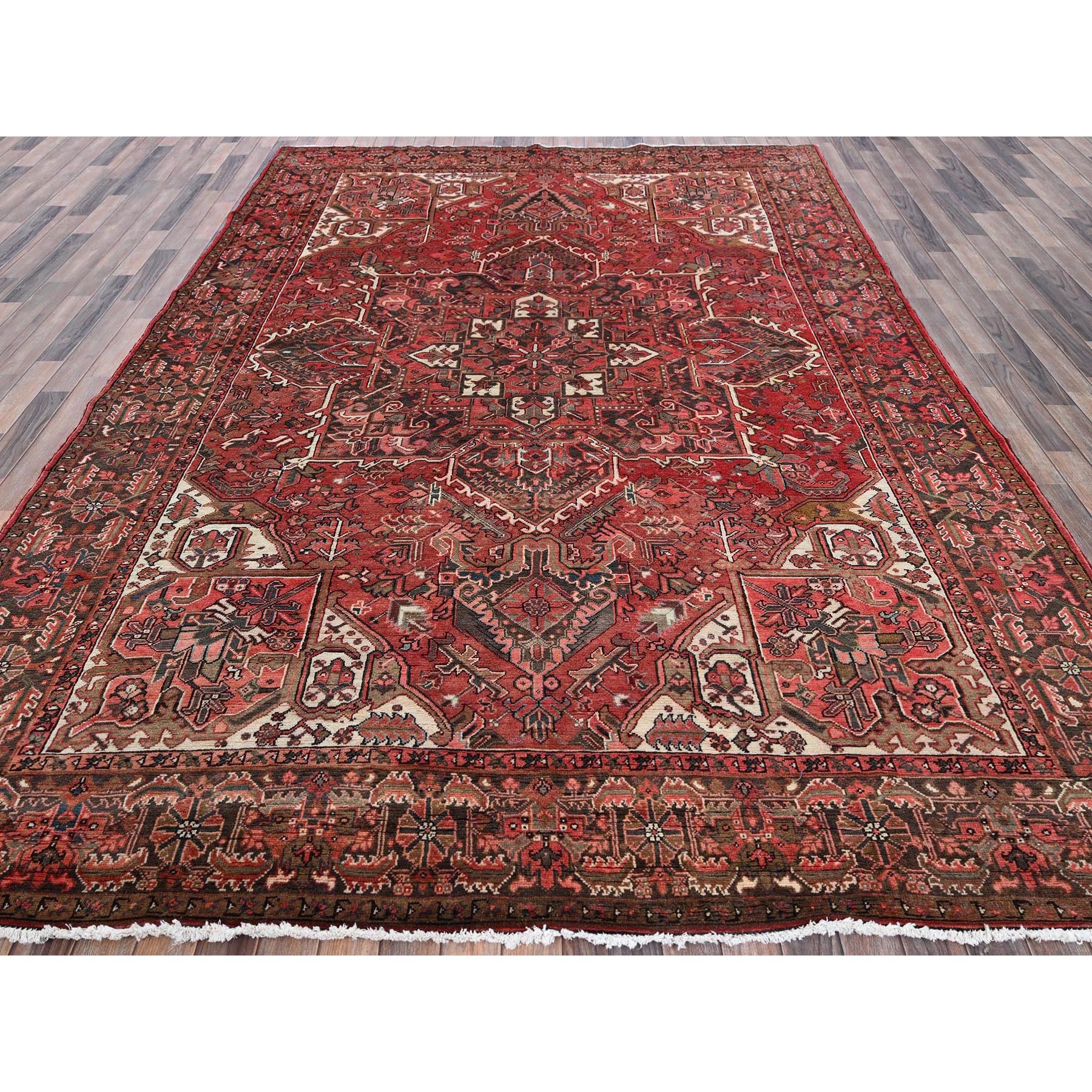 8'6'x11'4" Cherry Red, Vintage Persian Heriz with Geometric Medallion Design, 100% Wool, Hand Knotted, Even Wear, Shaved Down, Good Condition, Sides and Ends Professionally Secured, Oriental Rug Sh1250