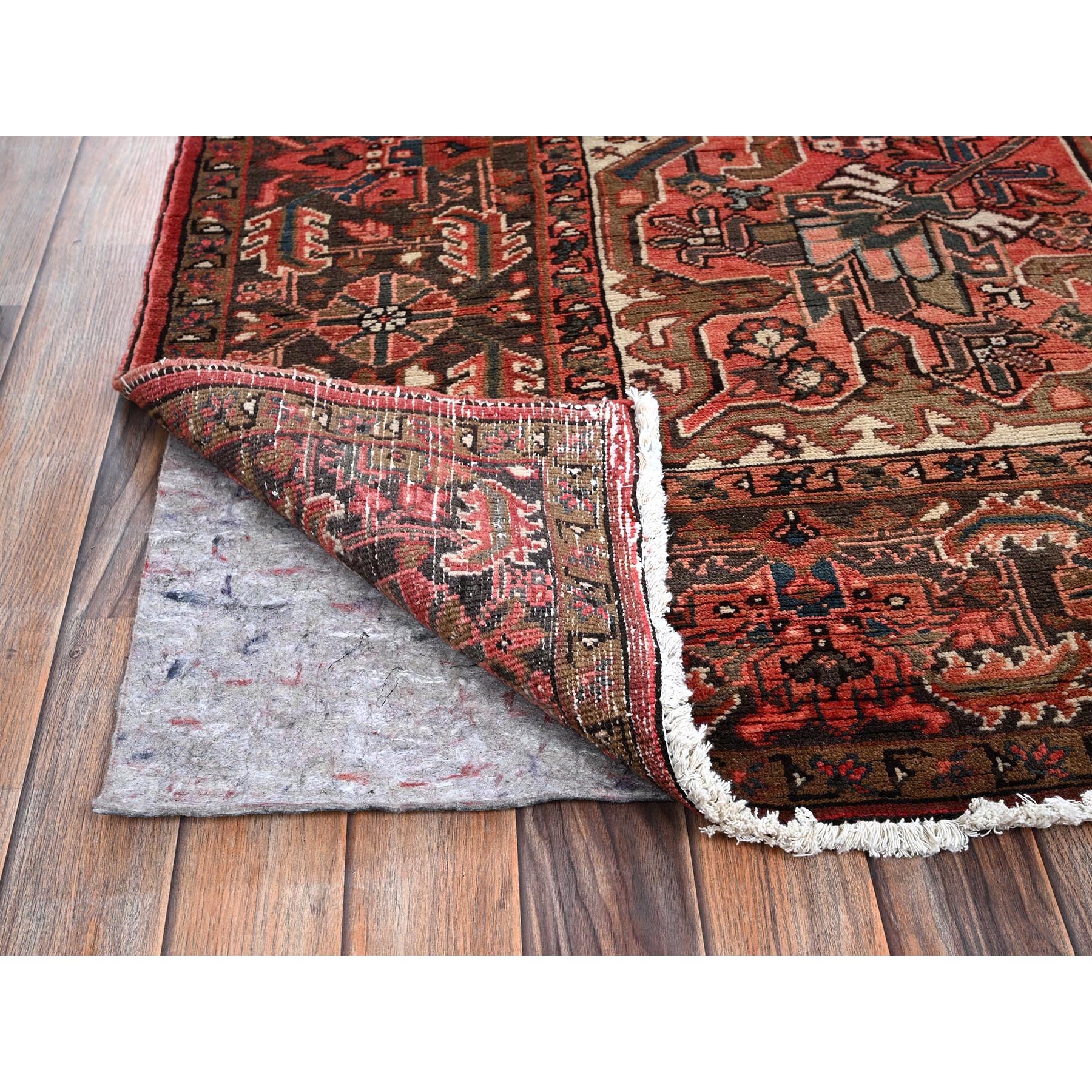 8'6'x11'4" Cherry Red, Vintage Persian Heriz with Geometric Medallion Design, 100% Wool, Hand Knotted, Even Wear, Shaved Down, Good Condition, Sides and Ends Professionally Secured, Oriental Rug Sh1250