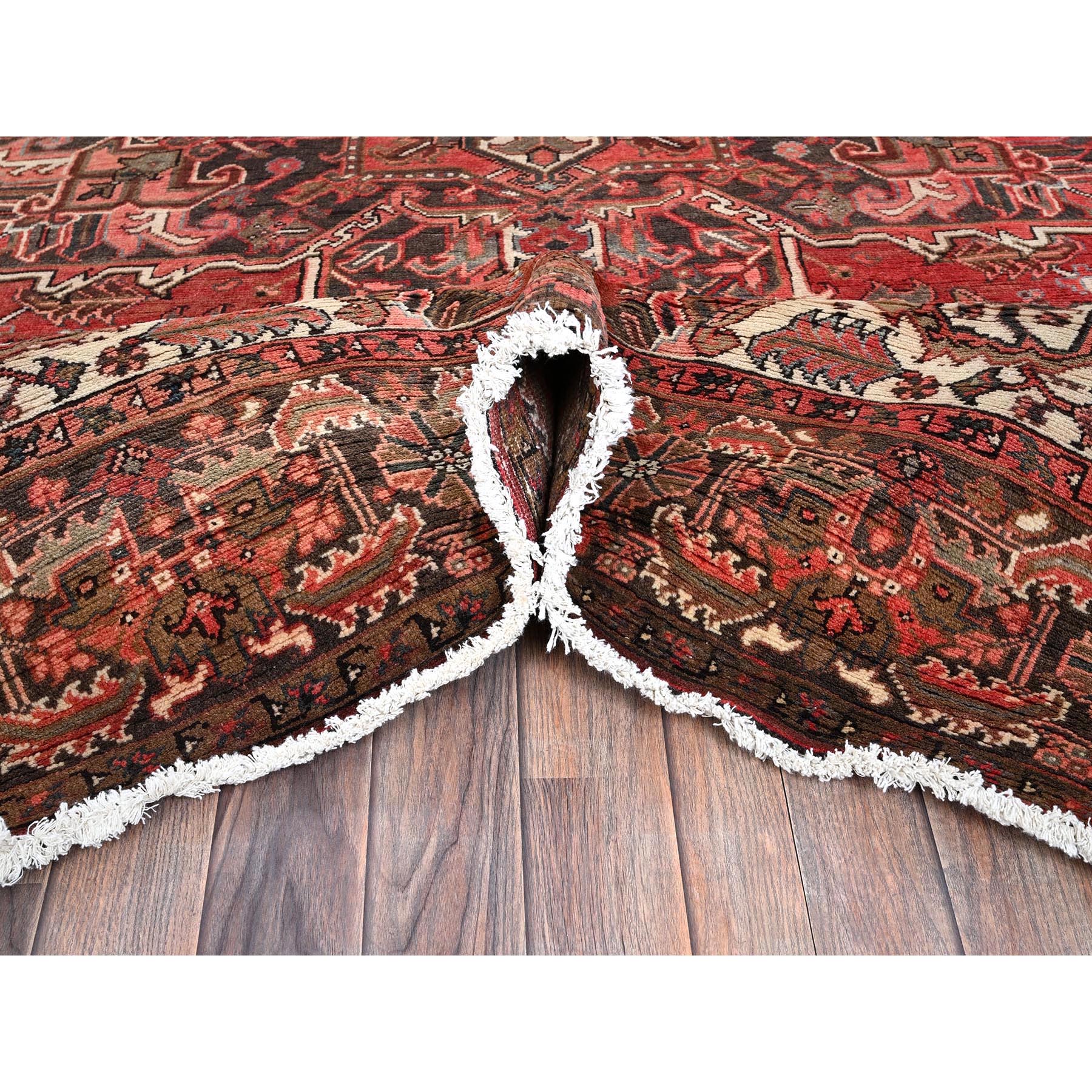 8'6'x11'4" Cherry Red, Vintage Persian Heriz with Geometric Medallion Design, 100% Wool, Hand Knotted, Even Wear, Shaved Down, Good Condition, Sides and Ends Professionally Secured, Oriental Rug Sh1250