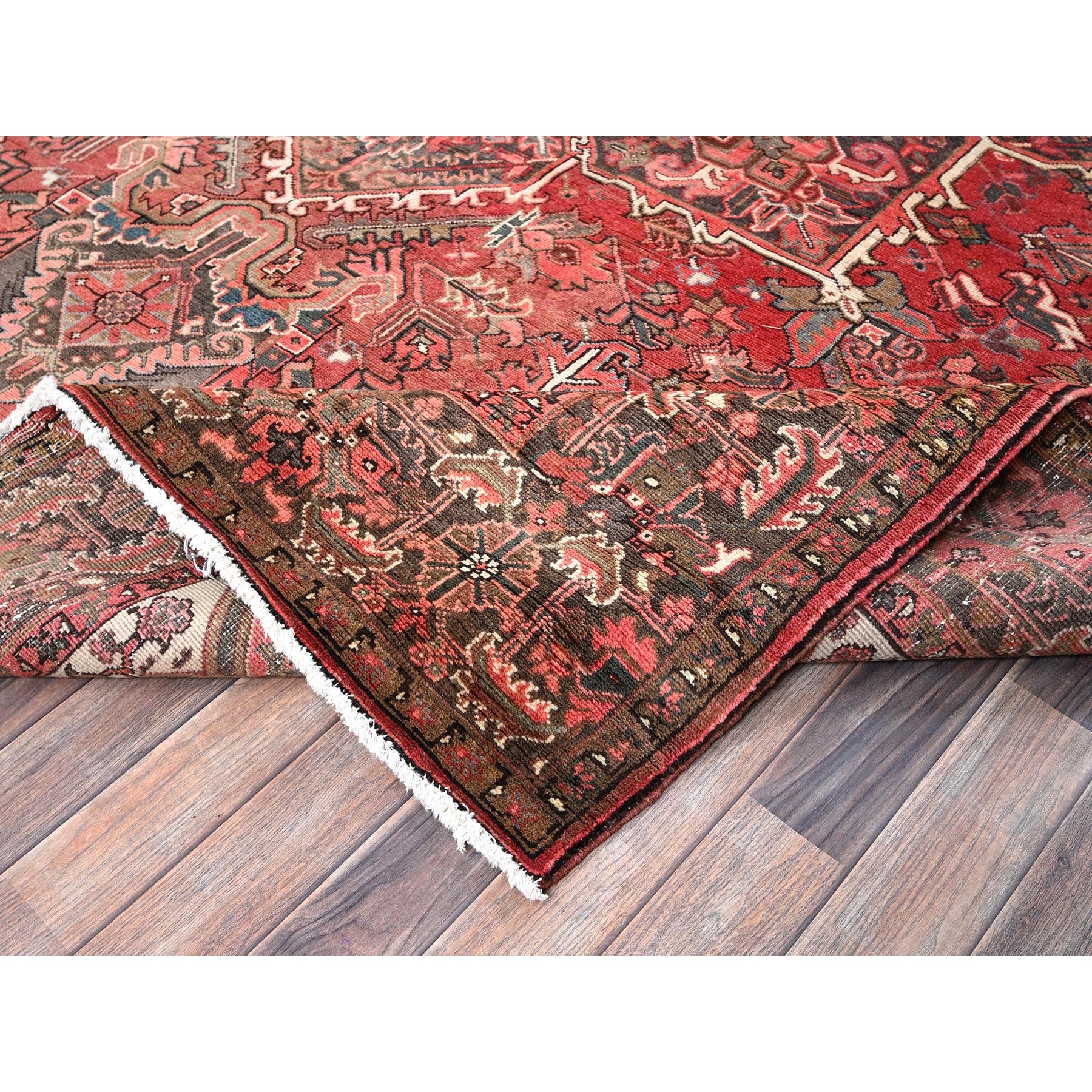 8'6'x11'4" Cherry Red, Vintage Persian Heriz with Geometric Medallion Design, 100% Wool, Hand Knotted, Even Wear, Shaved Down, Good Condition, Sides and Ends Professionally Secured, Oriental Rug Sh1250