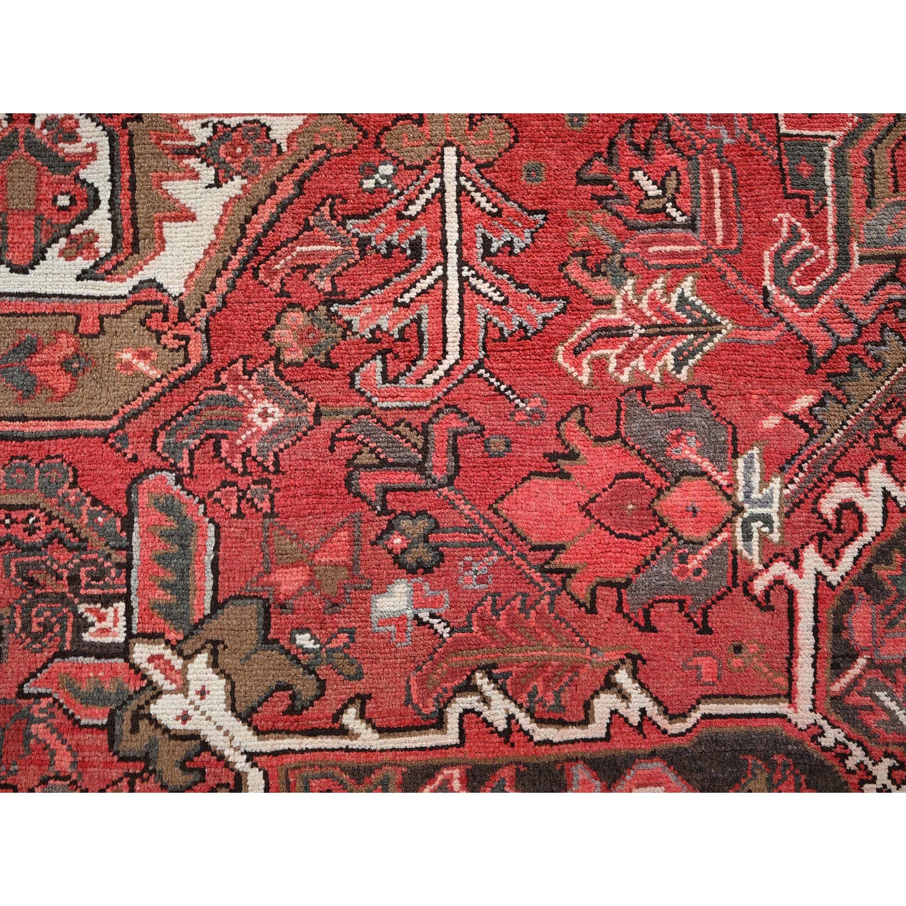8'6'x11'4" Cherry Red, Vintage Persian Heriz with Geometric Medallion Design, 100% Wool, Hand Knotted, Even Wear, Shaved Down, Good Condition, Sides and Ends Professionally Secured, Oriental Rug Sh1250