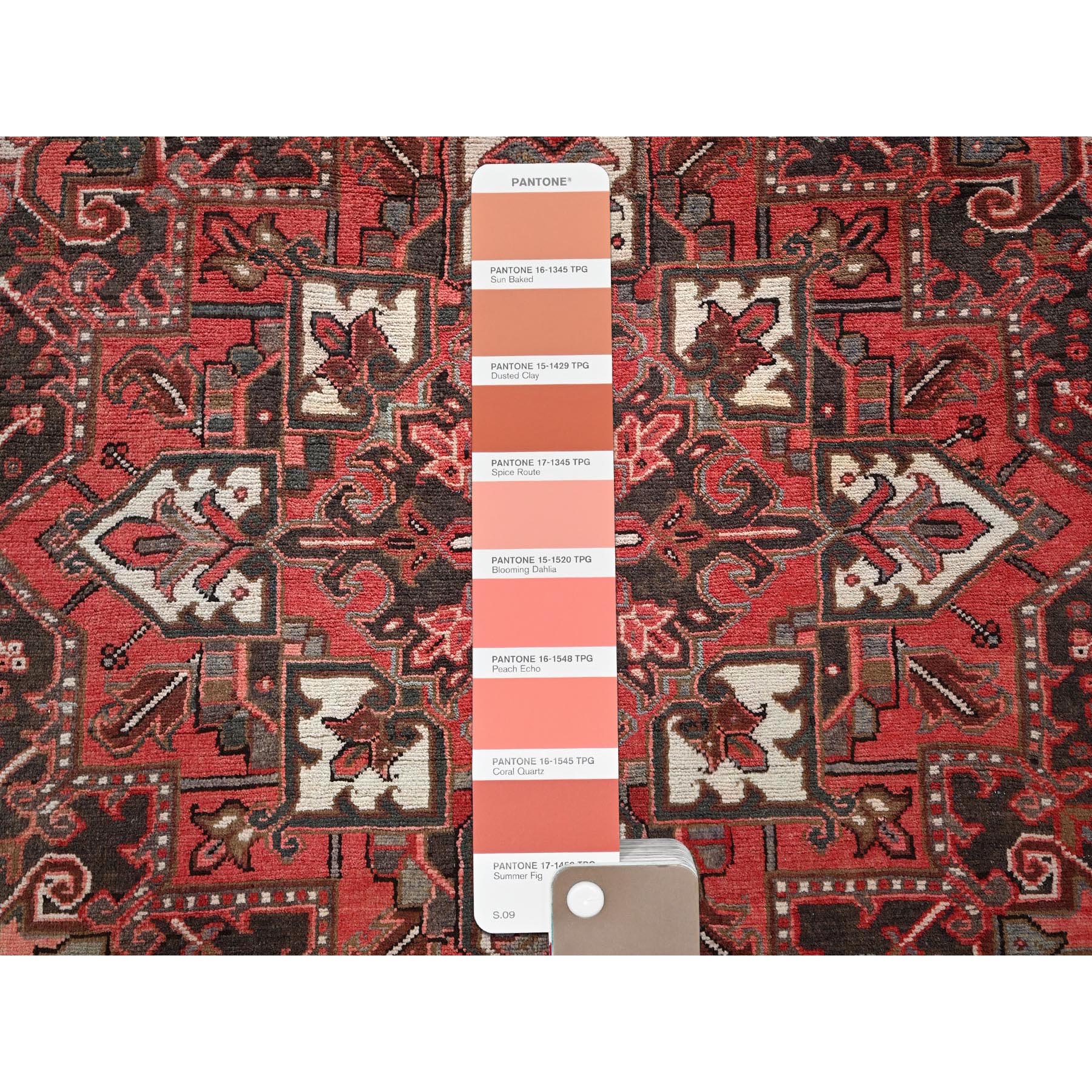 8'6'x11'4" Cherry Red, Vintage Persian Heriz with Geometric Medallion Design, 100% Wool, Hand Knotted, Even Wear, Shaved Down, Good Condition, Sides and Ends Professionally Secured, Oriental Rug Sh1250