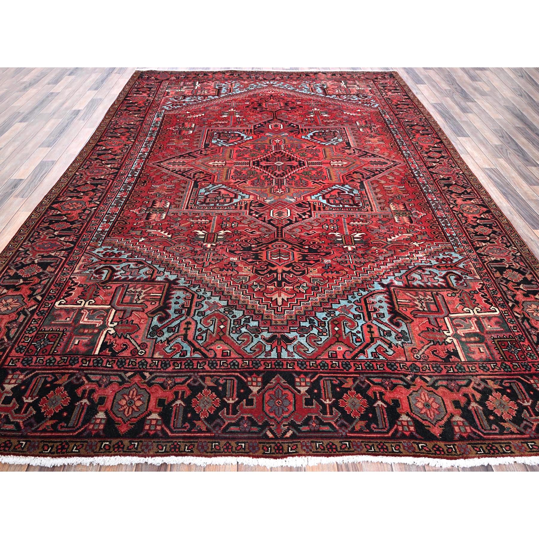 8'x10'10" Scarlet Red, Vintage Persian Heriz with Large Medallion Design, 100% Wool, Rustic Look, Even Wear, Cropped Thin, Good Condition, Sides and Ends Professionally Secured, Oriental Rug Sh1251