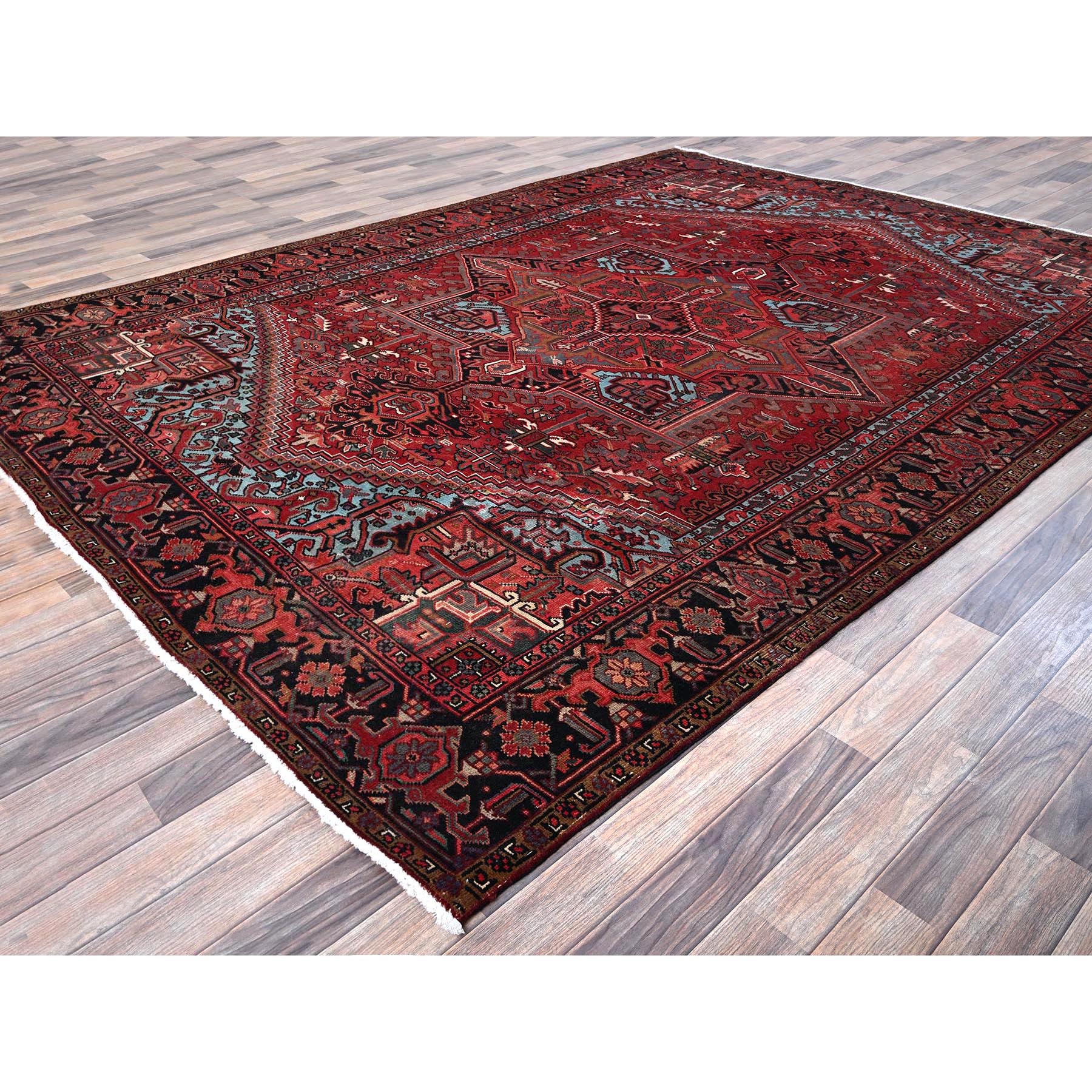 8'x10'10" Scarlet Red, Vintage Persian Heriz with Large Medallion Design, 100% Wool, Rustic Look, Even Wear, Cropped Thin, Good Condition, Sides and Ends Professionally Secured, Oriental Rug Sh1251