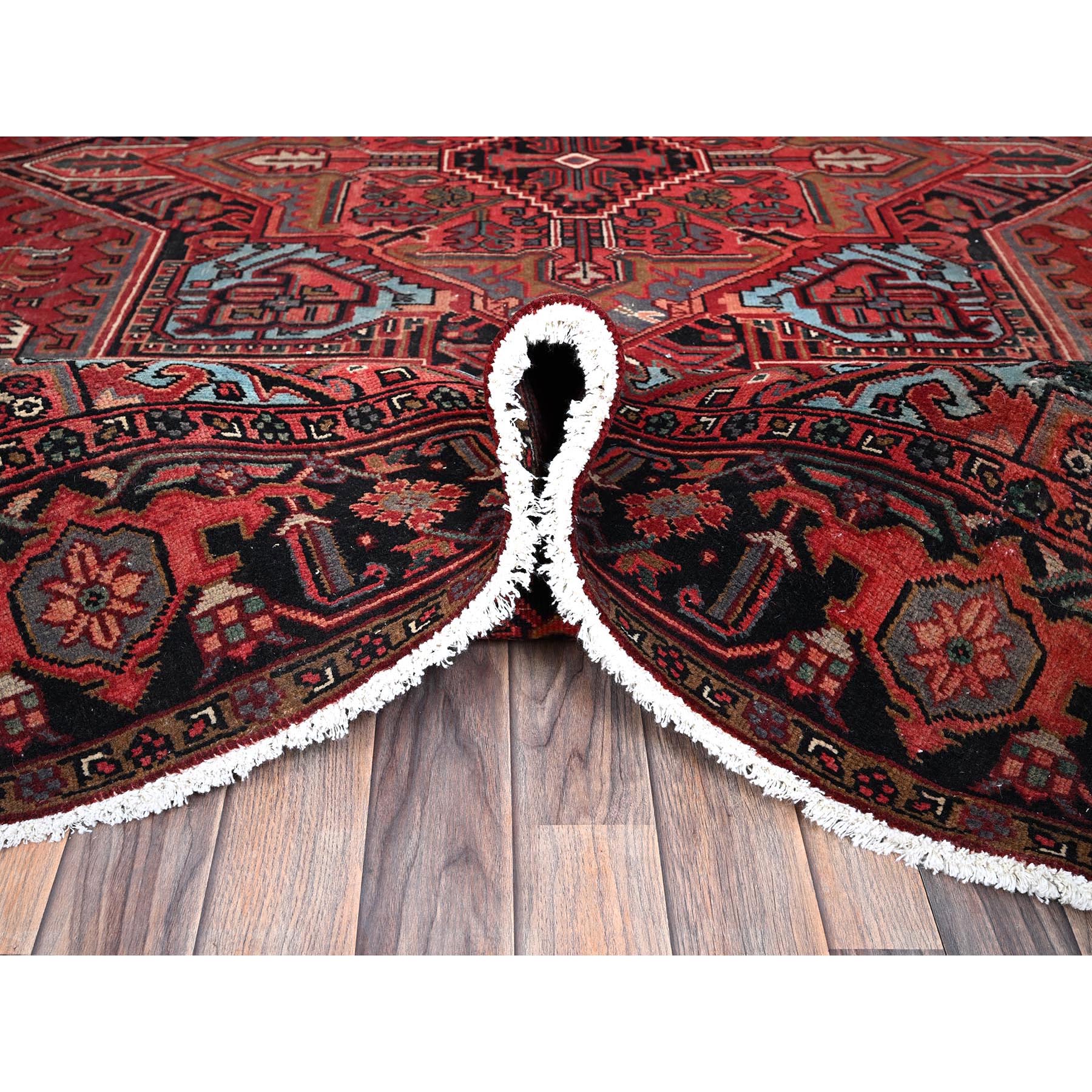 8'x10'10" Scarlet Red, Vintage Persian Heriz with Large Medallion Design, 100% Wool, Rustic Look, Even Wear, Cropped Thin, Good Condition, Sides and Ends Professionally Secured, Oriental Rug Sh1251