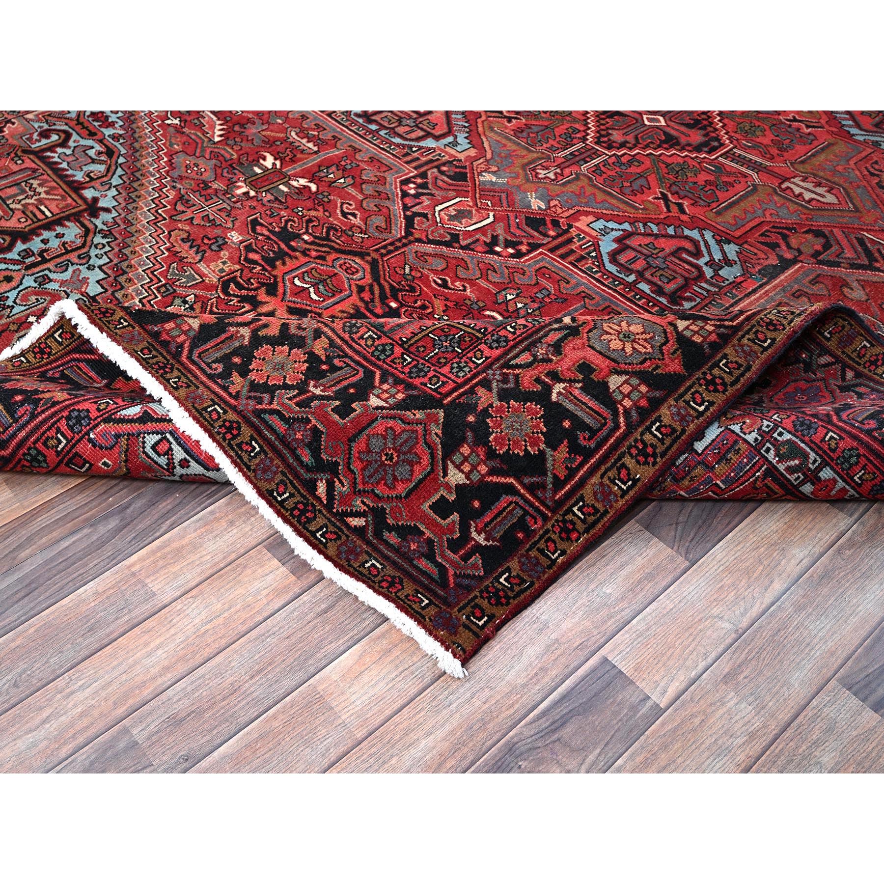 8'x10'10" Scarlet Red, Vintage Persian Heriz with Large Medallion Design, 100% Wool, Rustic Look, Even Wear, Cropped Thin, Good Condition, Sides and Ends Professionally Secured, Oriental Rug Sh1251