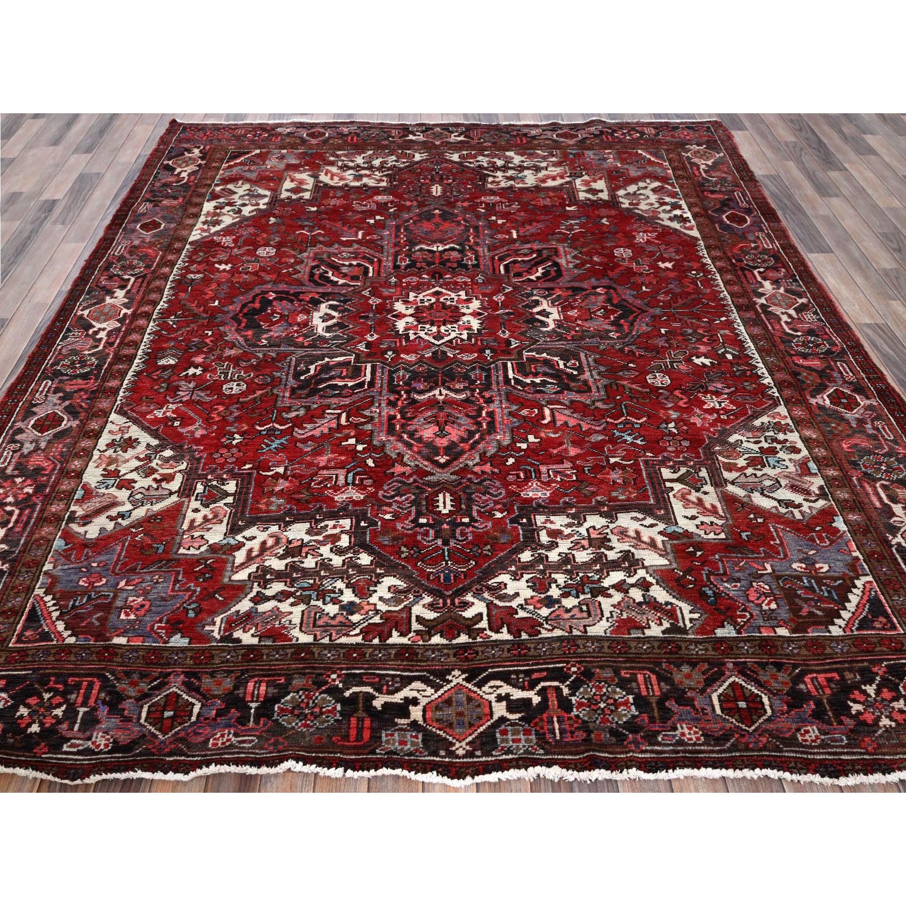 8'x9'2" Ruby Red, Vintage Persian Heriz with Large Medallion Design, 100% Wool, Hand Knotted, Evenly Worn, Shaved Down, Good Condition, Sides and Ends Professionally Secured, Squarish, Oriental Rug Sh1253