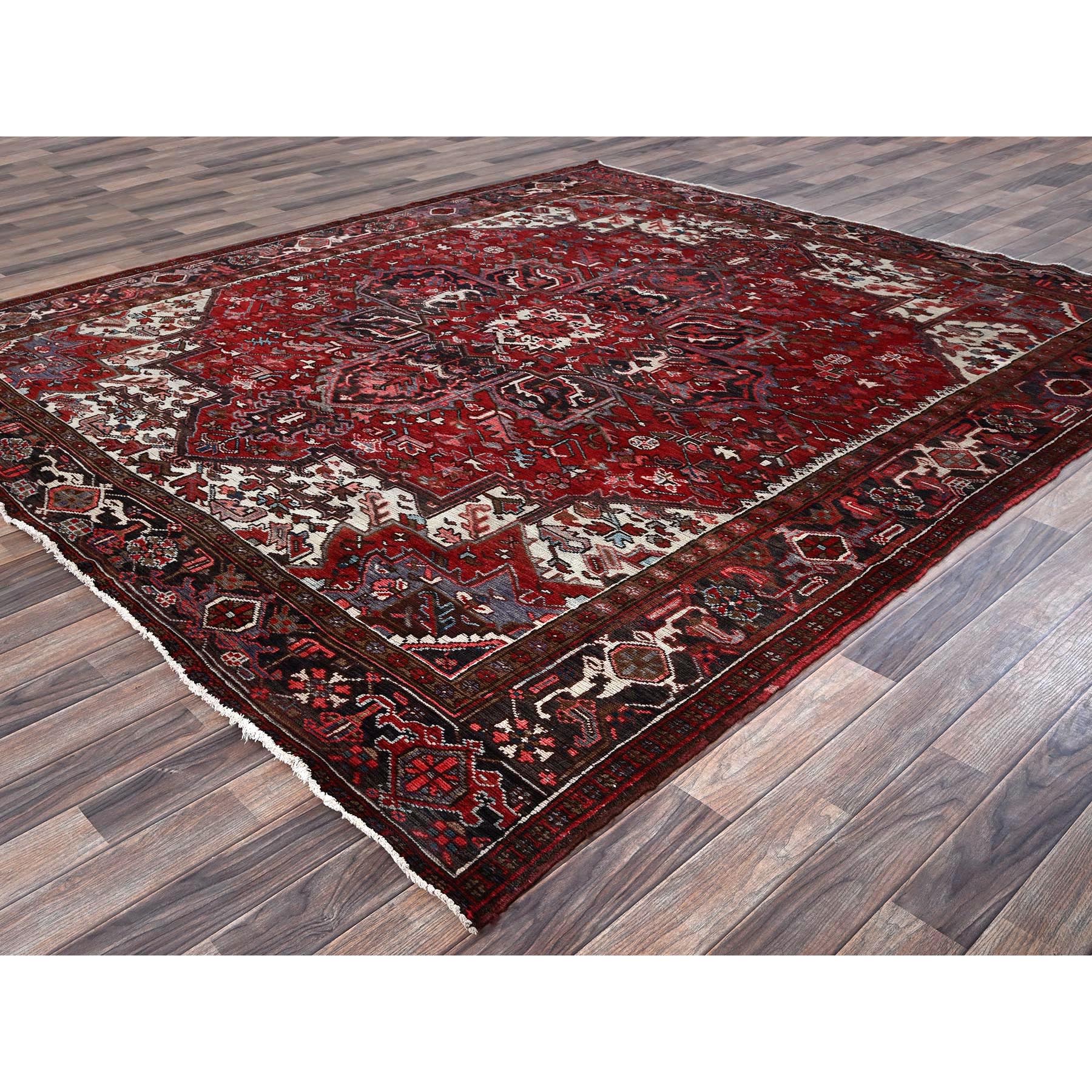 8'x9'2" Ruby Red, Vintage Persian Heriz with Large Medallion Design, 100% Wool, Hand Knotted, Evenly Worn, Shaved Down, Good Condition, Sides and Ends Professionally Secured, Squarish, Oriental Rug Sh1253