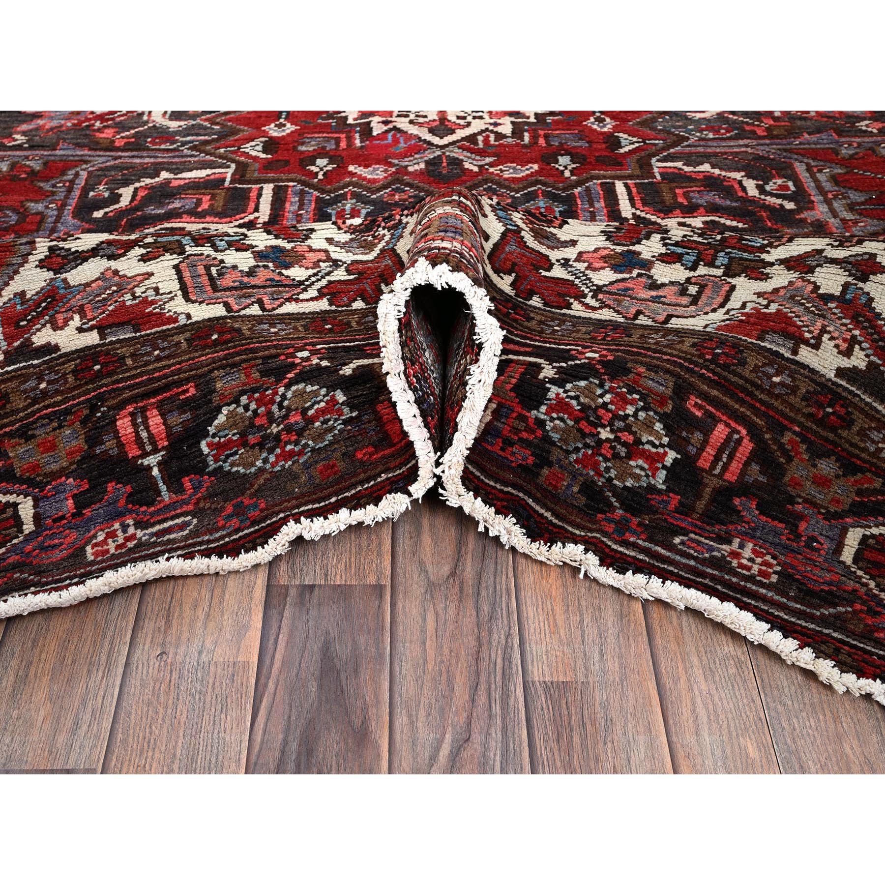 8'x9'2" Ruby Red, Vintage Persian Heriz with Large Medallion Design, 100% Wool, Hand Knotted, Evenly Worn, Shaved Down, Good Condition, Sides and Ends Professionally Secured, Squarish, Oriental Rug Sh1253