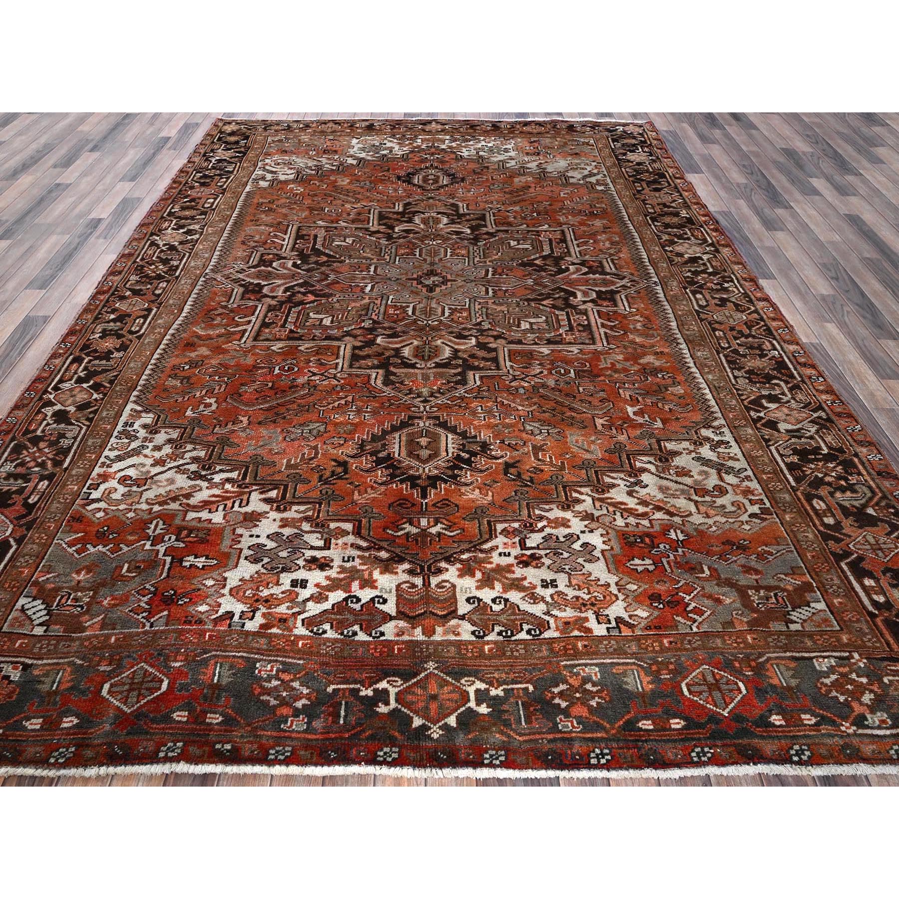 8'4"x11'4" Rust Red, Vintage Persian Heriz with Geometric Medallion Design, 100% Wool, Hand Knotted, Even Wear, Cropped Thin, Good Condition, Sides and Ends Professionally Secured, Oriental Rug Sh1254