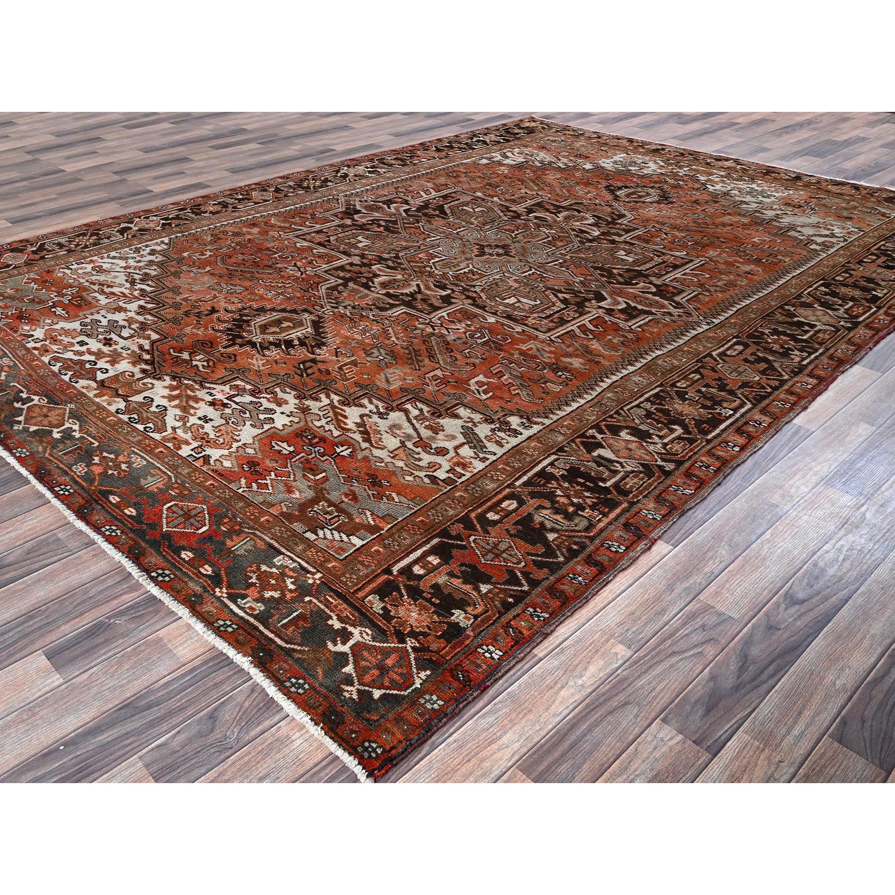 8'4"x11'4" Rust Red, Vintage Persian Heriz with Geometric Medallion Design, 100% Wool, Hand Knotted, Even Wear, Cropped Thin, Good Condition, Sides and Ends Professionally Secured, Oriental Rug Sh1254