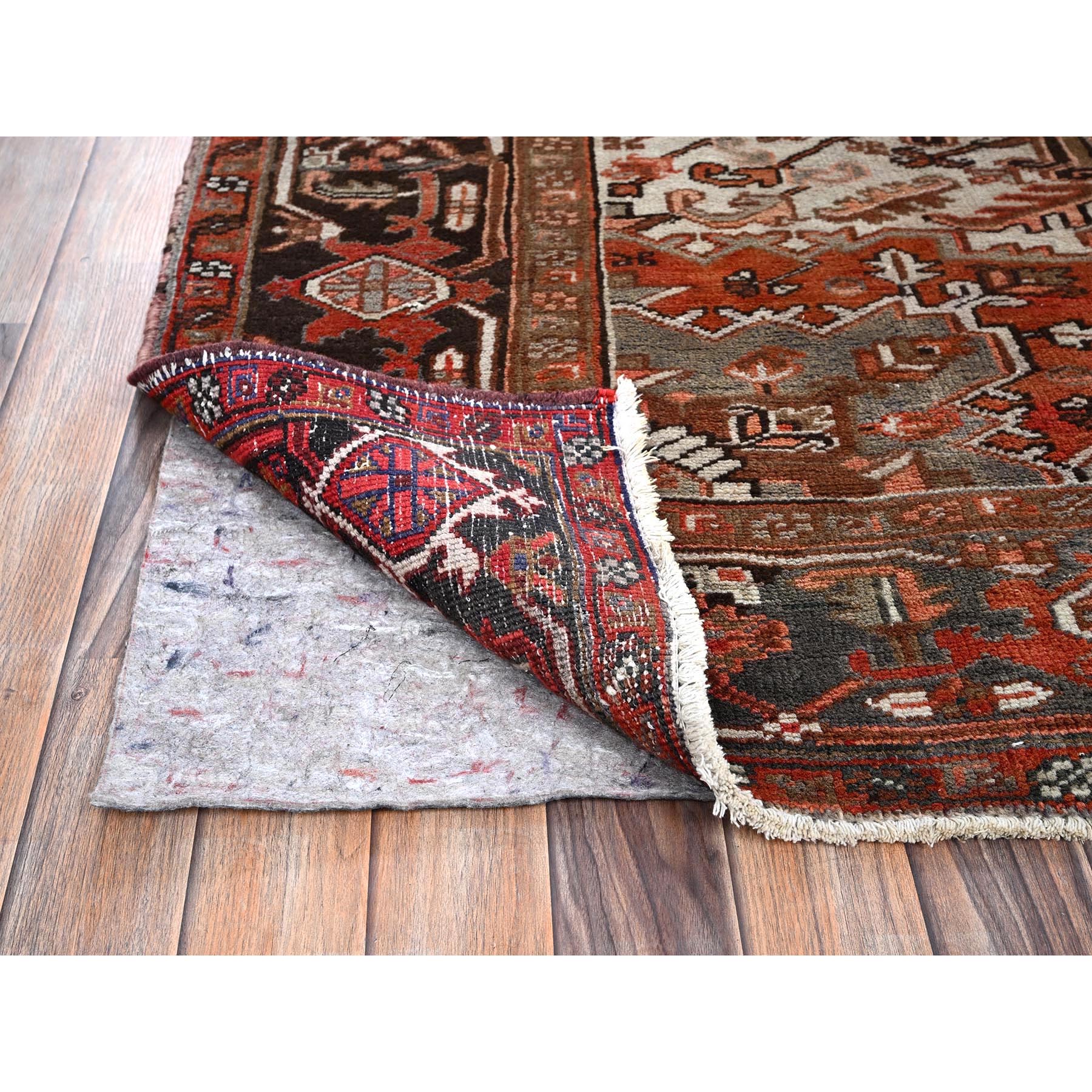 8'4"x11'4" Rust Red, Vintage Persian Heriz with Geometric Medallion Design, 100% Wool, Hand Knotted, Even Wear, Cropped Thin, Good Condition, Sides and Ends Professionally Secured, Oriental Rug Sh1254