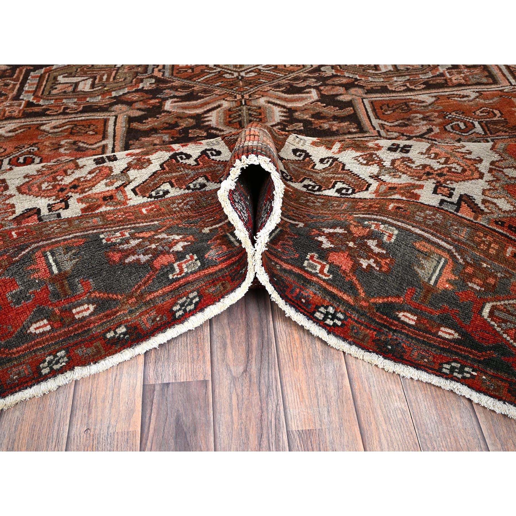 8'4"x11'4" Rust Red, Vintage Persian Heriz with Geometric Medallion Design, 100% Wool, Hand Knotted, Even Wear, Cropped Thin, Good Condition, Sides and Ends Professionally Secured, Oriental Rug Sh1254