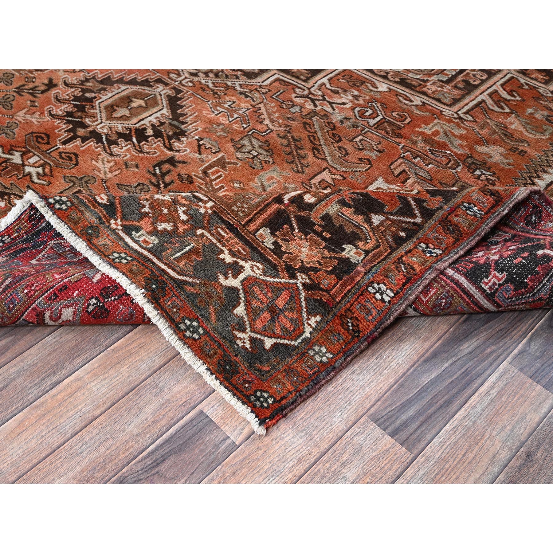 8'4"x11'4" Rust Red, Vintage Persian Heriz with Geometric Medallion Design, 100% Wool, Hand Knotted, Even Wear, Cropped Thin, Good Condition, Sides and Ends Professionally Secured, Oriental Rug Sh1254