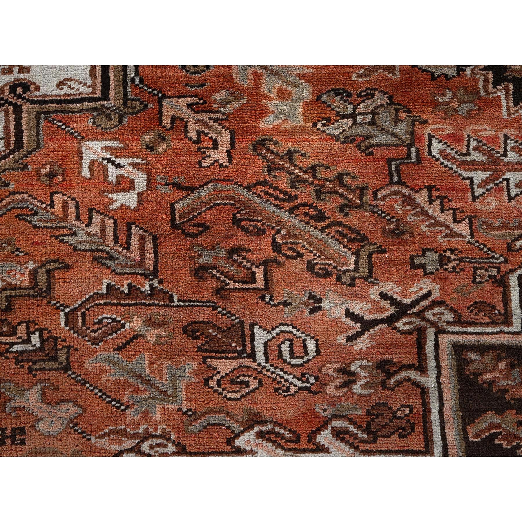 8'4"x11'4" Rust Red, Vintage Persian Heriz with Geometric Medallion Design, 100% Wool, Hand Knotted, Even Wear, Cropped Thin, Good Condition, Sides and Ends Professionally Secured, Oriental Rug Sh1254