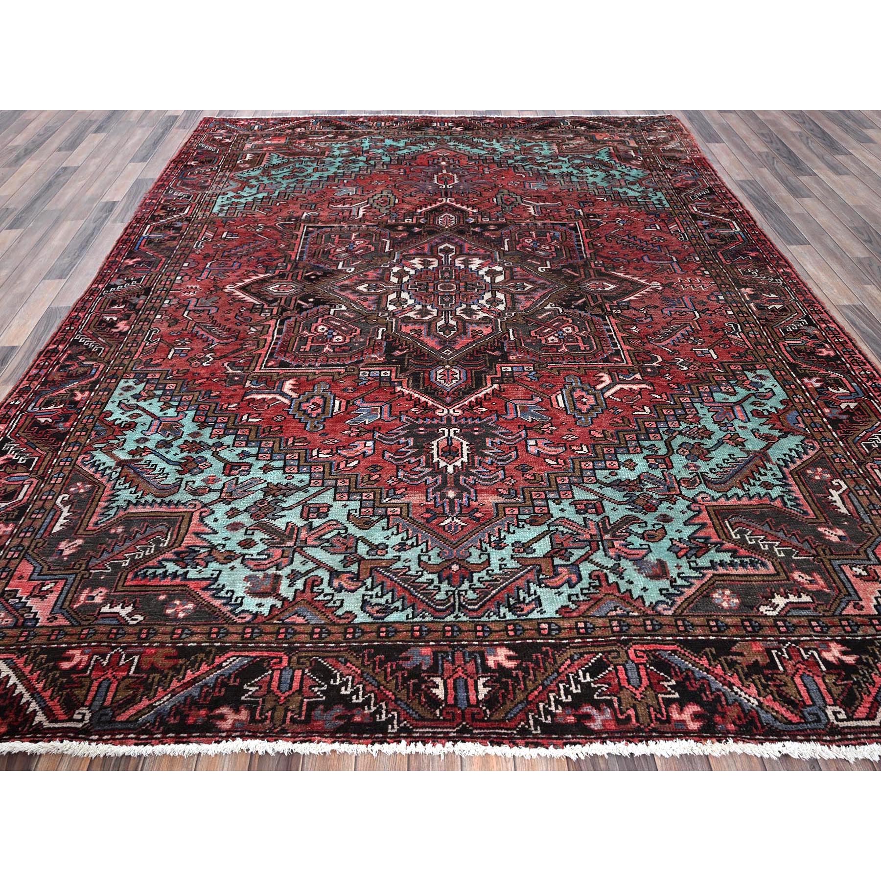 8'4"x10'3" Blush Red, Vintage Persian Heriz with Geometric Medallion Design, 100% Wool, Hand Knotted, Even Wear, Cropped Thin, Good Condition, Sides and Ends Professionally Secured, Oriental Rug Sh1255