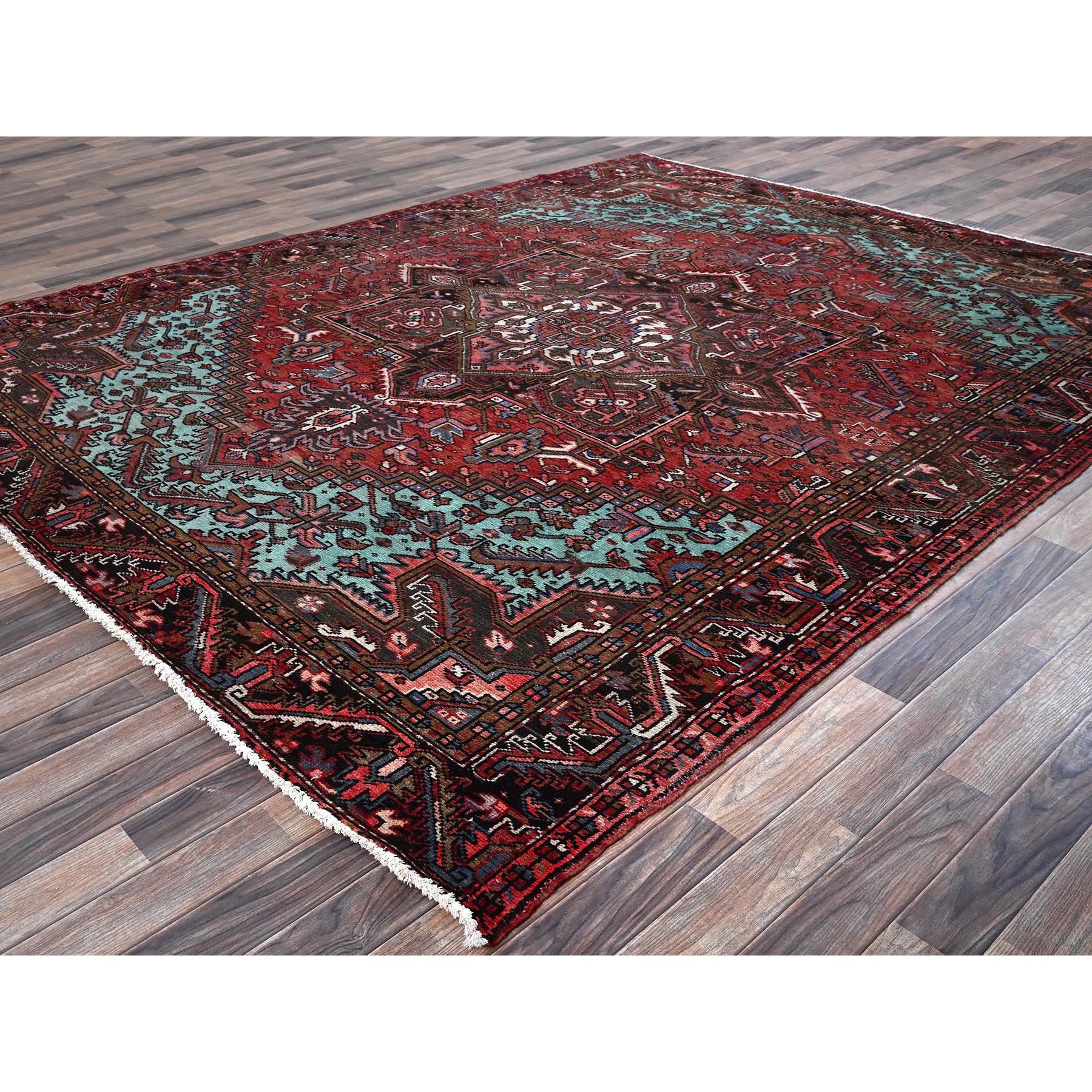 8'4"x10'3" Blush Red, Vintage Persian Heriz with Geometric Medallion Design, 100% Wool, Hand Knotted, Even Wear, Cropped Thin, Good Condition, Sides and Ends Professionally Secured, Oriental Rug Sh1255