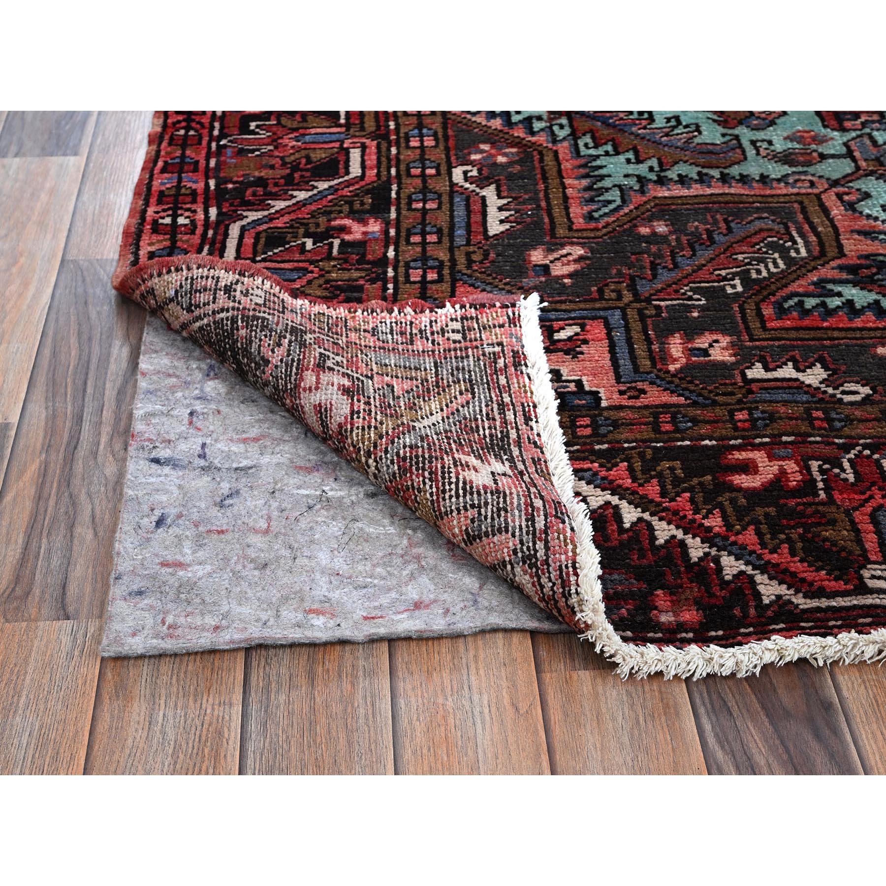 8'4"x10'3" Blush Red, Vintage Persian Heriz with Geometric Medallion Design, 100% Wool, Hand Knotted, Even Wear, Cropped Thin, Good Condition, Sides and Ends Professionally Secured, Oriental Rug Sh1255