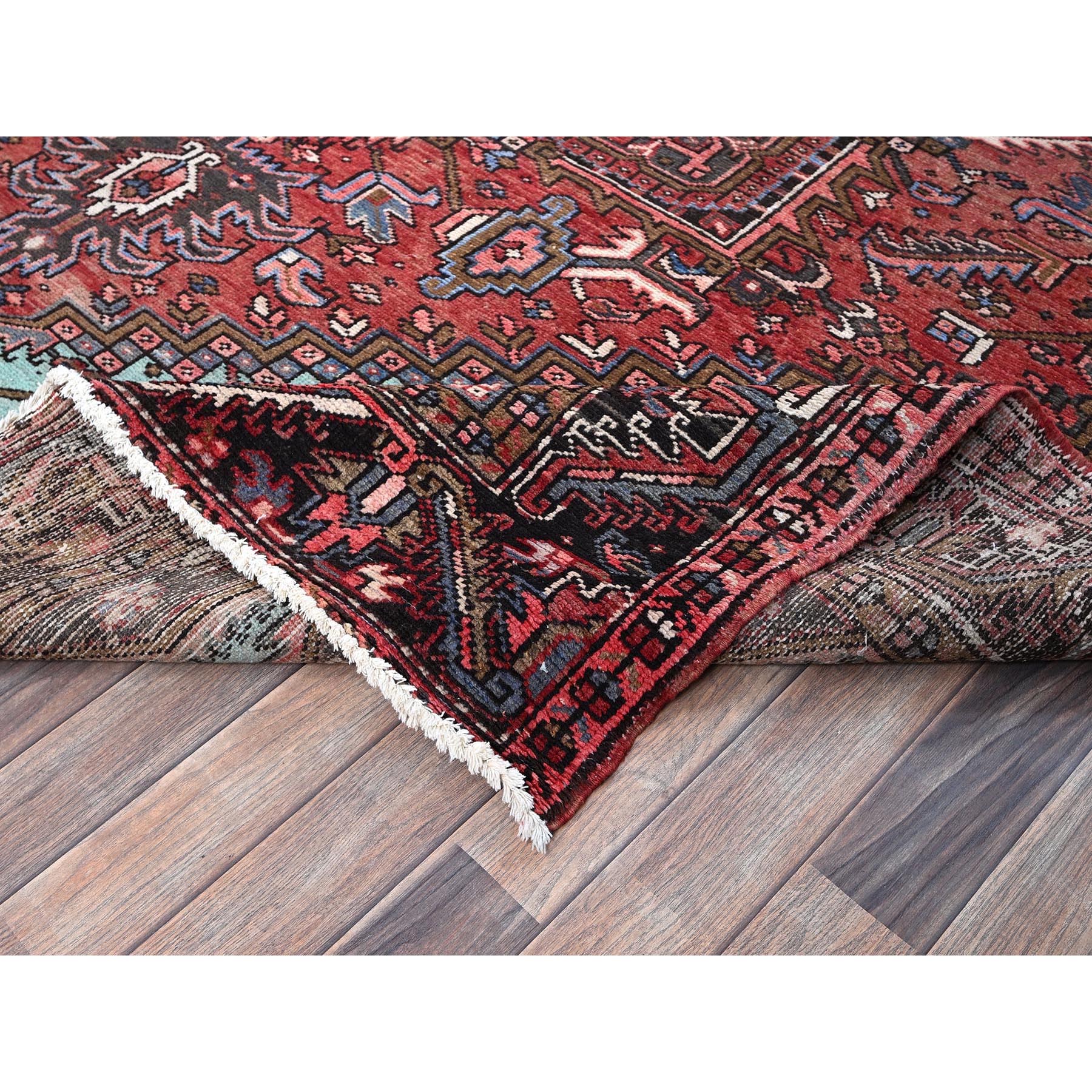 8'4"x10'3" Blush Red, Vintage Persian Heriz with Geometric Medallion Design, 100% Wool, Hand Knotted, Even Wear, Cropped Thin, Good Condition, Sides and Ends Professionally Secured, Oriental Rug Sh1255