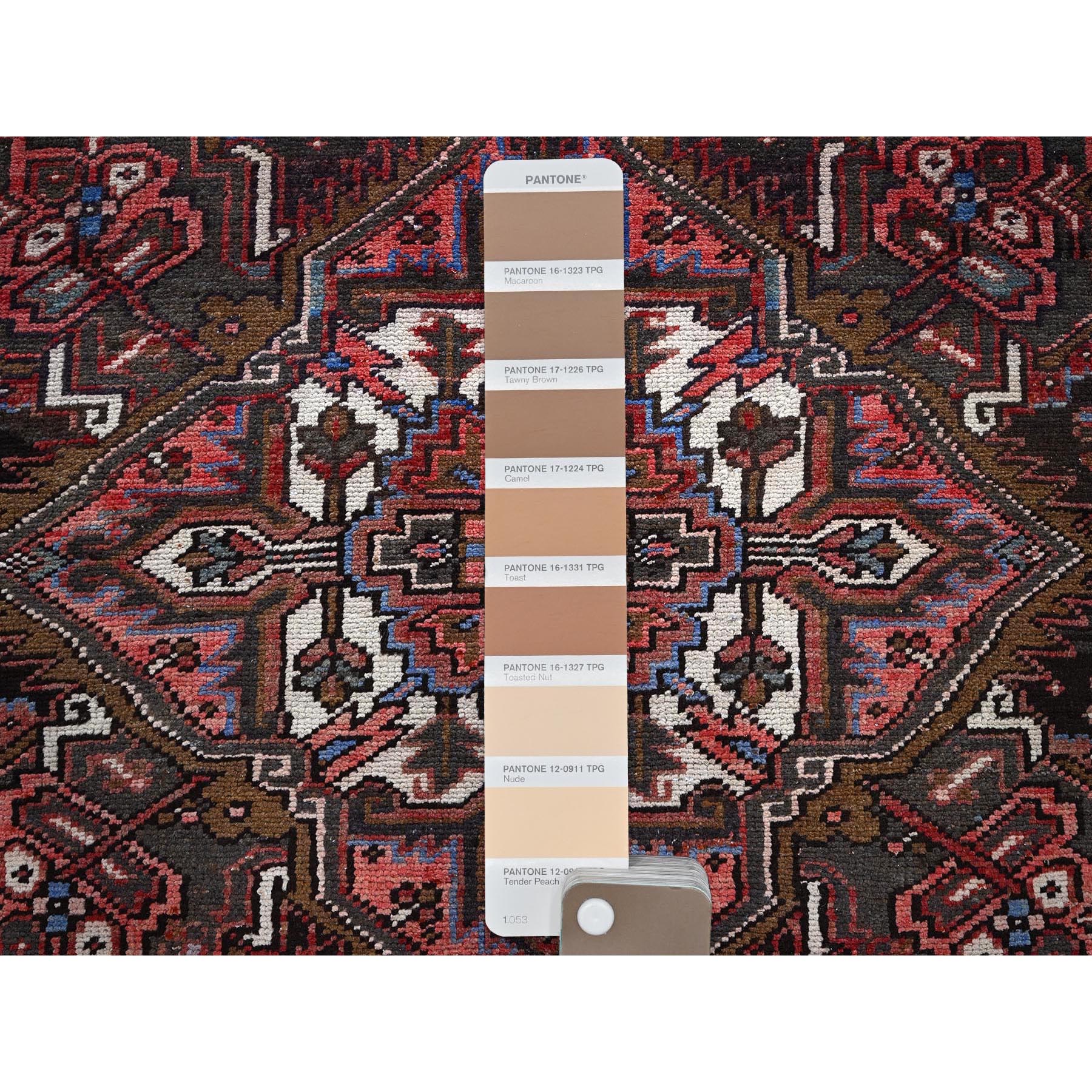 8'4"x10'3" Blush Red, Vintage Persian Heriz with Geometric Medallion Design, 100% Wool, Hand Knotted, Even Wear, Cropped Thin, Good Condition, Sides and Ends Professionally Secured, Oriental Rug Sh1255
