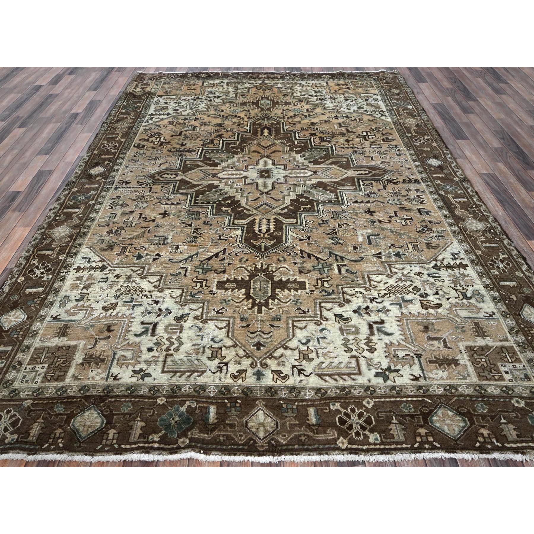 7'9"x10'3" Dark Vanilla Brown, Vintage Persian Heriz with Geometric Medallion Design, Pure Wool, Hand Knotted, Evenly Worn, Cropped Thin, Good Condition, Sides and Ends Professionally Secured, Oriental Rug Sh1256