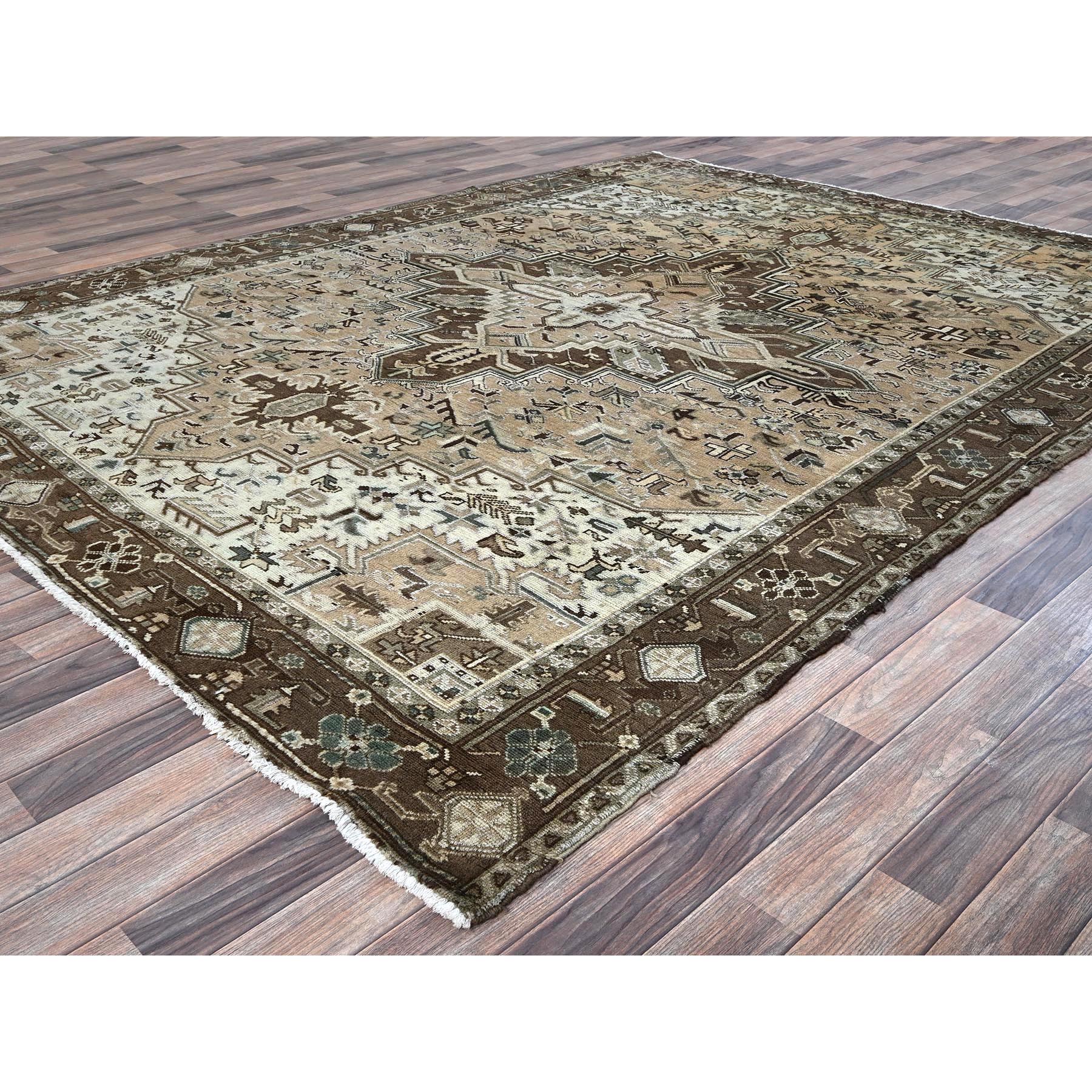 7'9"x10'3" Dark Vanilla Brown, Vintage Persian Heriz with Geometric Medallion Design, Pure Wool, Hand Knotted, Evenly Worn, Cropped Thin, Good Condition, Sides and Ends Professionally Secured, Oriental Rug Sh1256