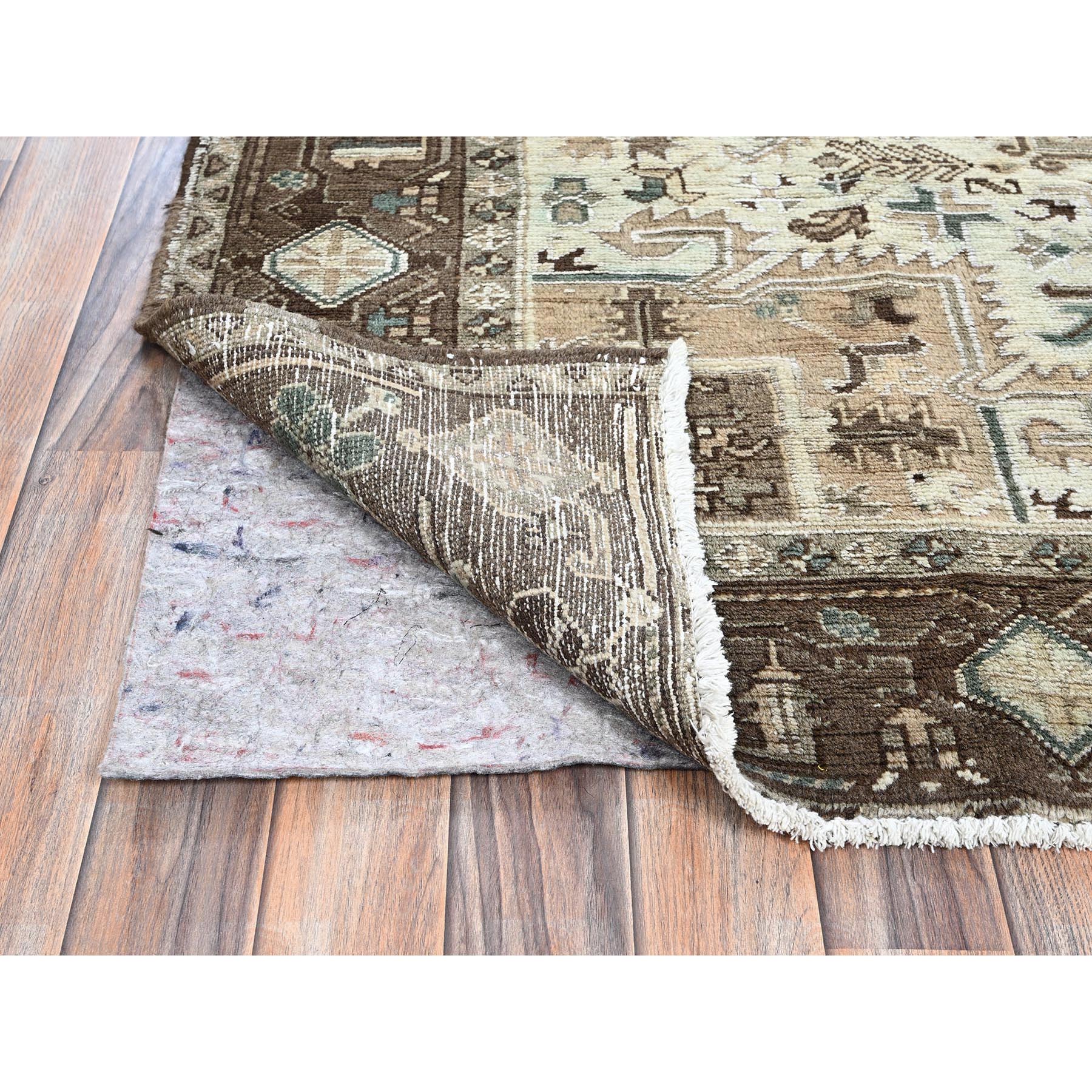 7'9"x10'3" Dark Vanilla Brown, Vintage Persian Heriz with Geometric Medallion Design, Pure Wool, Hand Knotted, Evenly Worn, Cropped Thin, Good Condition, Sides and Ends Professionally Secured, Oriental Rug Sh1256