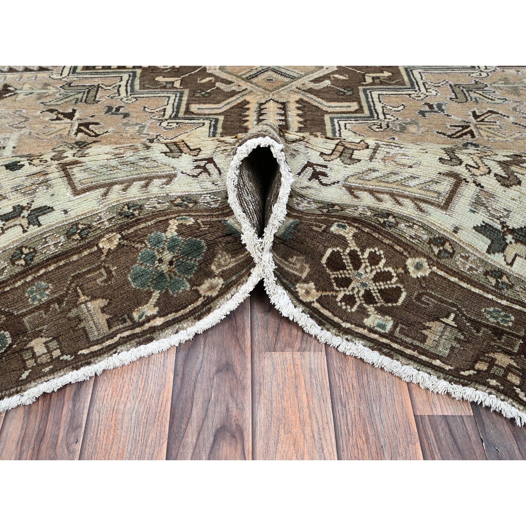 7'9"x10'3" Dark Vanilla Brown, Vintage Persian Heriz with Geometric Medallion Design, Pure Wool, Hand Knotted, Evenly Worn, Cropped Thin, Good Condition, Sides and Ends Professionally Secured, Oriental Rug Sh1256
