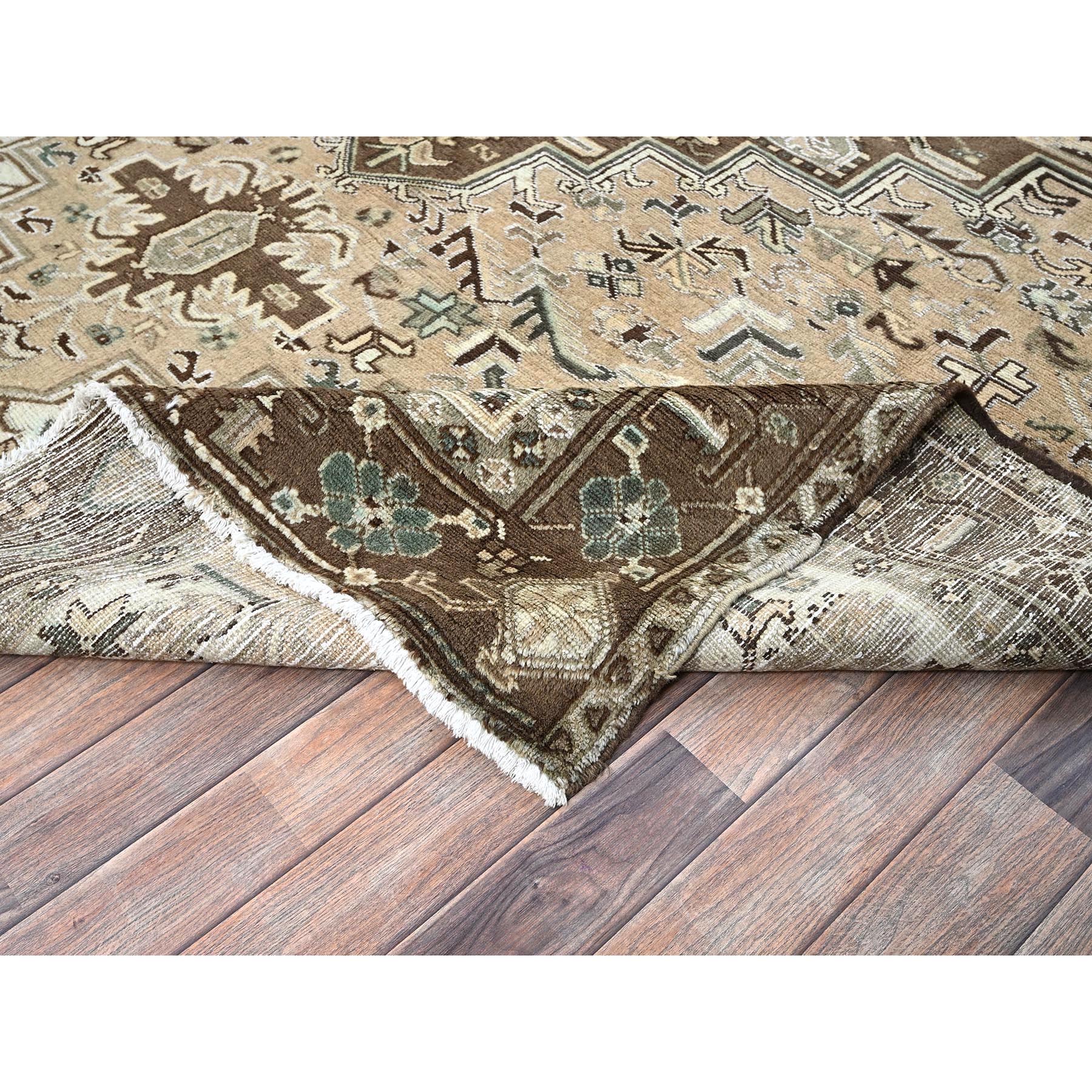 7'9"x10'3" Dark Vanilla Brown, Vintage Persian Heriz with Geometric Medallion Design, Pure Wool, Hand Knotted, Evenly Worn, Cropped Thin, Good Condition, Sides and Ends Professionally Secured, Oriental Rug Sh1256