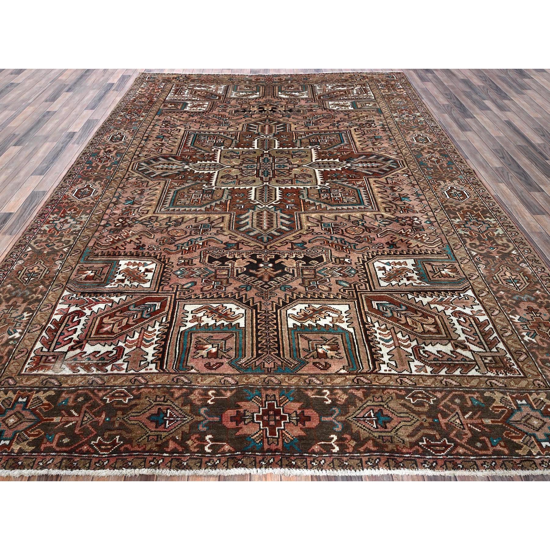8'7"x11'5" Blush Red, Vintage Persian Heriz with Geometric Medallion Design, 100% Wool, Hand Knotted, Even Wear, Cropped Thin, Good Condition, Sides and Ends Professionally Secured, Oriental Rug Sh1257