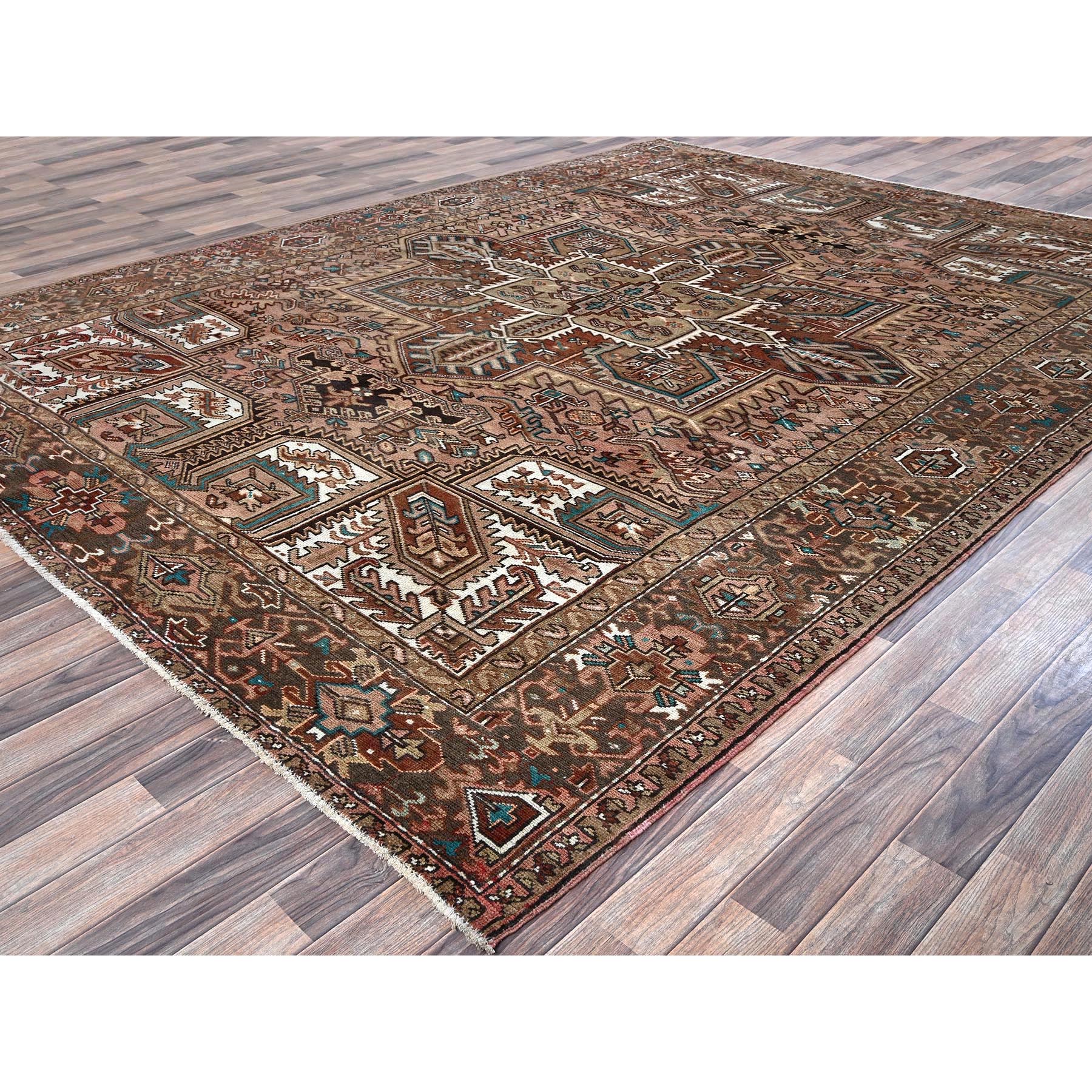 8'7"x11'5" Blush Red, Vintage Persian Heriz with Geometric Medallion Design, 100% Wool, Hand Knotted, Even Wear, Cropped Thin, Good Condition, Sides and Ends Professionally Secured, Oriental Rug Sh1257
