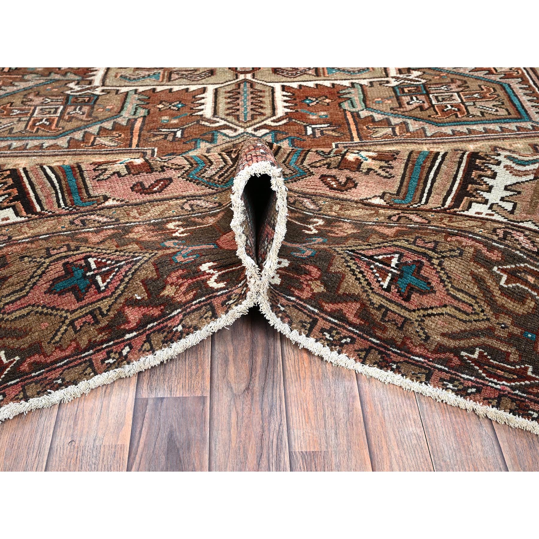 8'7"x11'5" Blush Red, Vintage Persian Heriz with Geometric Medallion Design, 100% Wool, Hand Knotted, Even Wear, Cropped Thin, Good Condition, Sides and Ends Professionally Secured, Oriental Rug Sh1257
