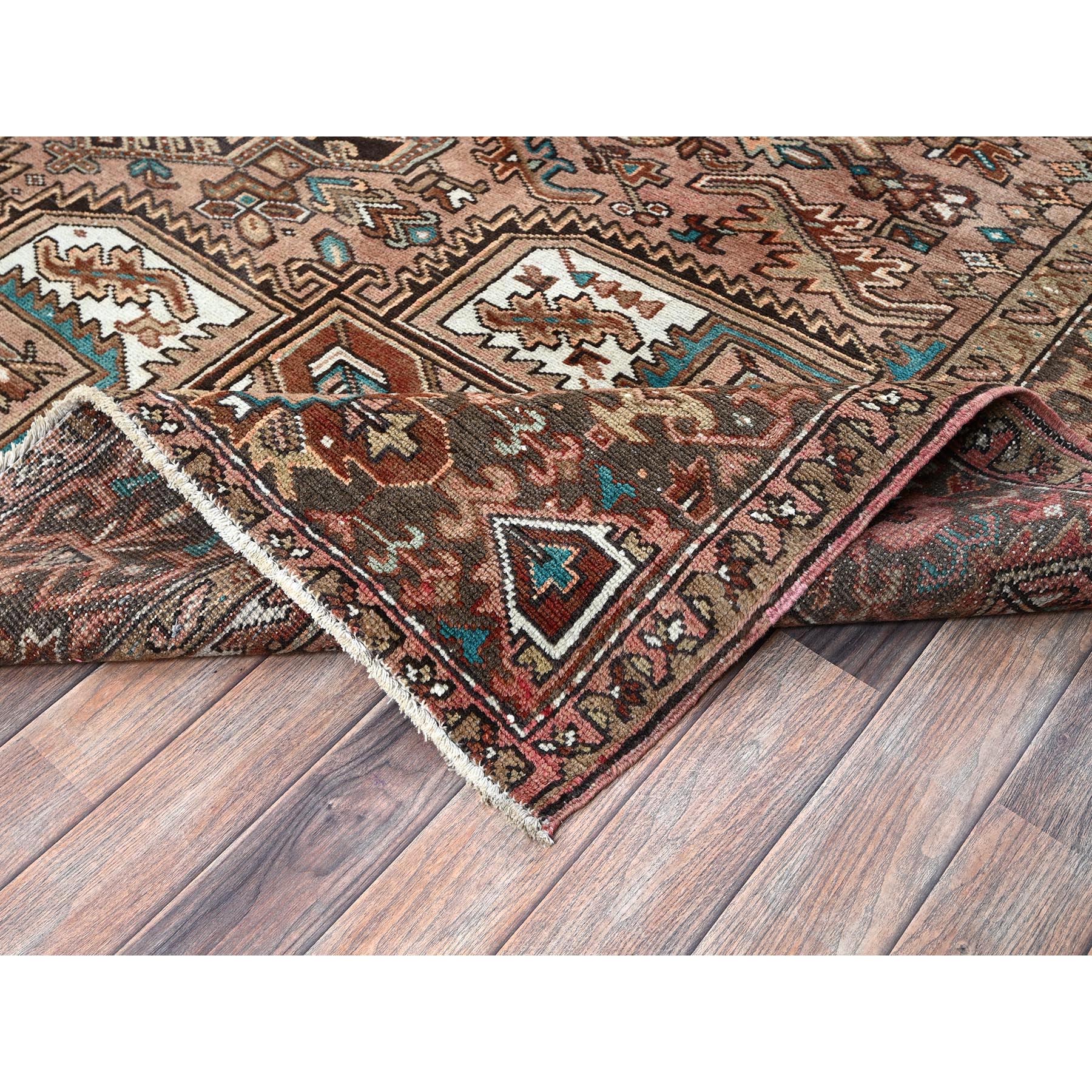 8'7"x11'5" Blush Red, Vintage Persian Heriz with Geometric Medallion Design, 100% Wool, Hand Knotted, Even Wear, Cropped Thin, Good Condition, Sides and Ends Professionally Secured, Oriental Rug Sh1257