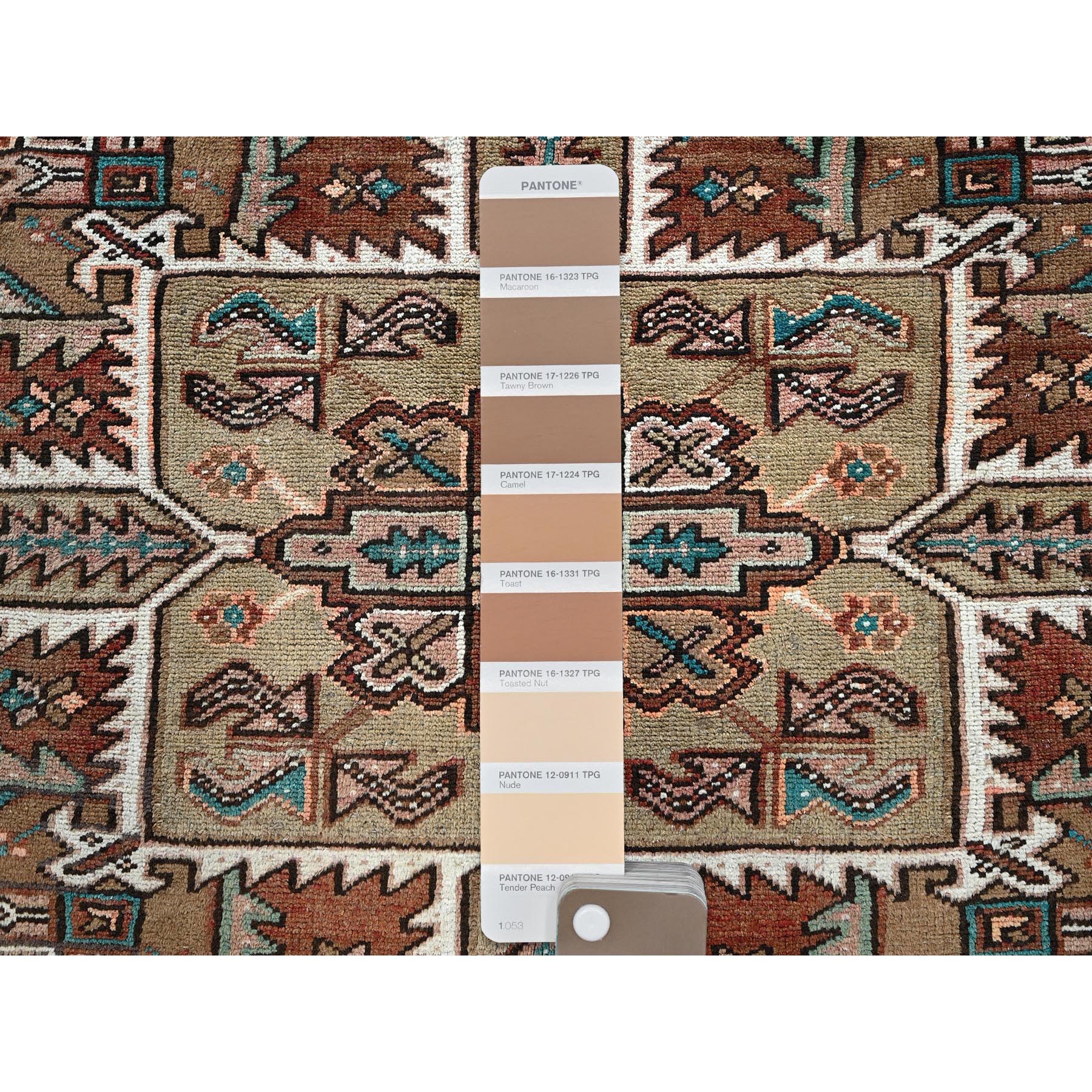8'7"x11'5" Blush Red, Vintage Persian Heriz with Geometric Medallion Design, 100% Wool, Hand Knotted, Even Wear, Cropped Thin, Good Condition, Sides and Ends Professionally Secured, Oriental Rug Sh1257